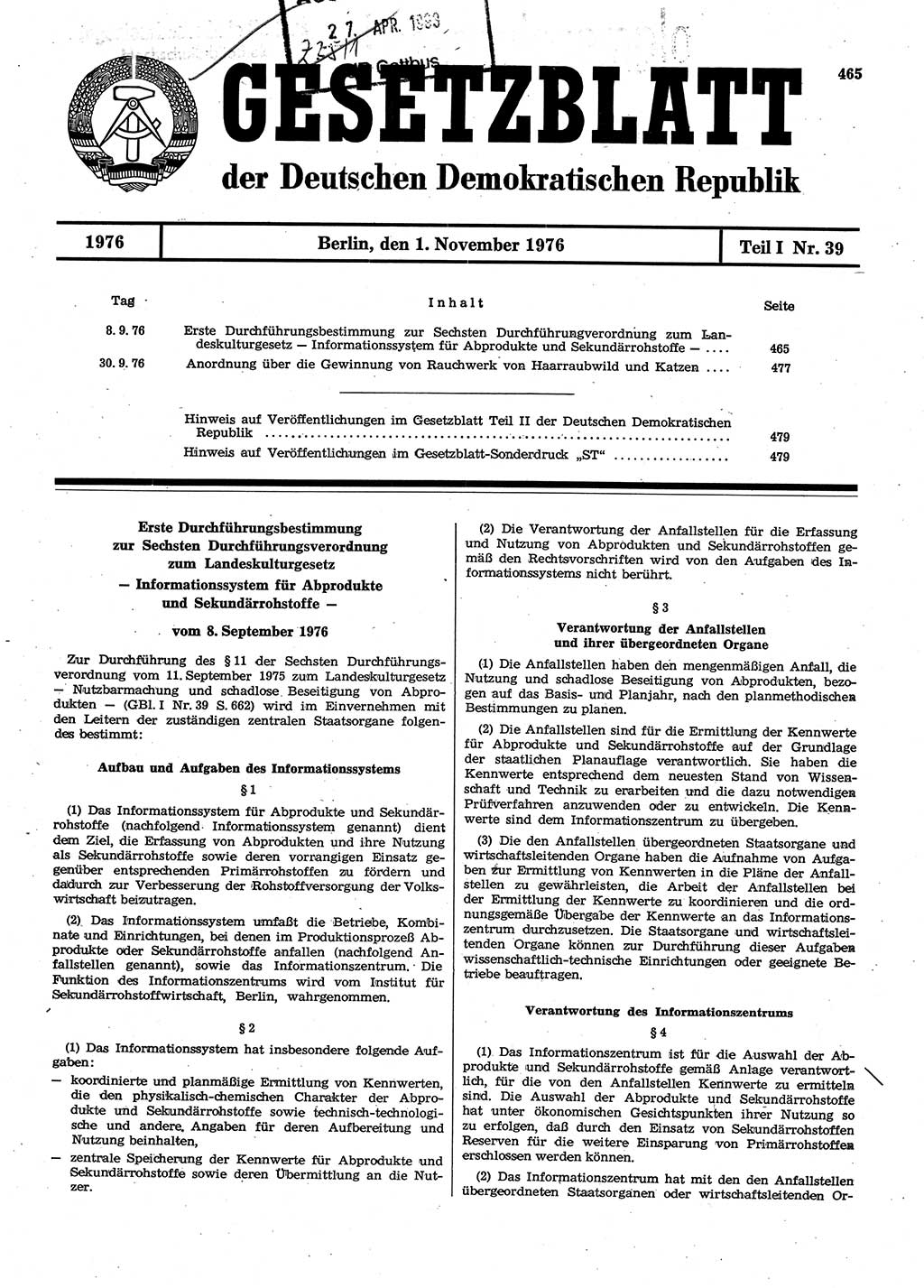 Gesetzblatt (GBl.) der Deutschen Demokratischen Republik (DDR) Teil Ⅰ 1976, Seite 465 (GBl. DDR Ⅰ 1976, S. 465)