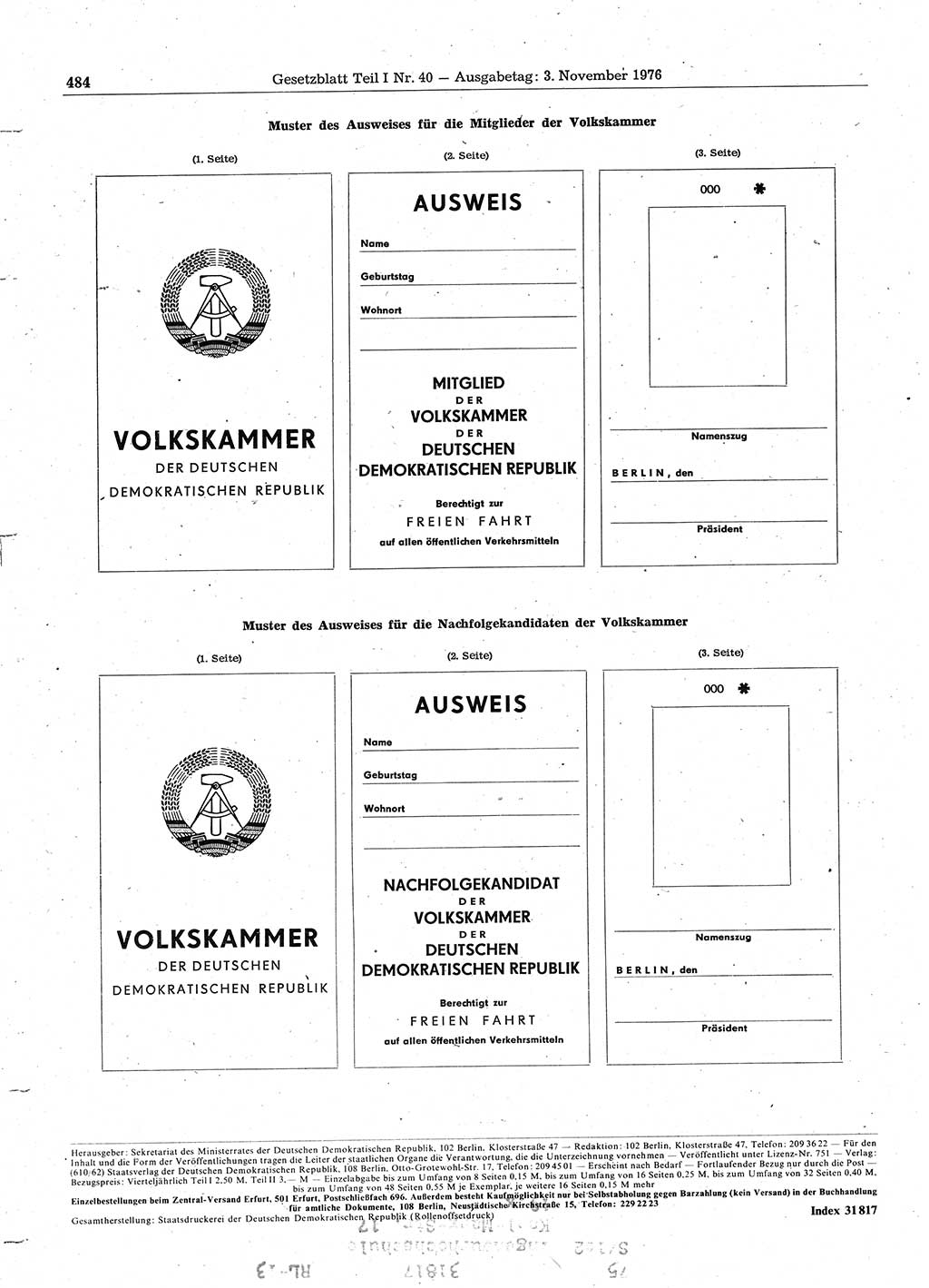 Gesetzblatt (GBl.) der Deutschen Demokratischen Republik (DDR) Teil Ⅰ 1976, Seite 484 (GBl. DDR Ⅰ 1976, S. 484)