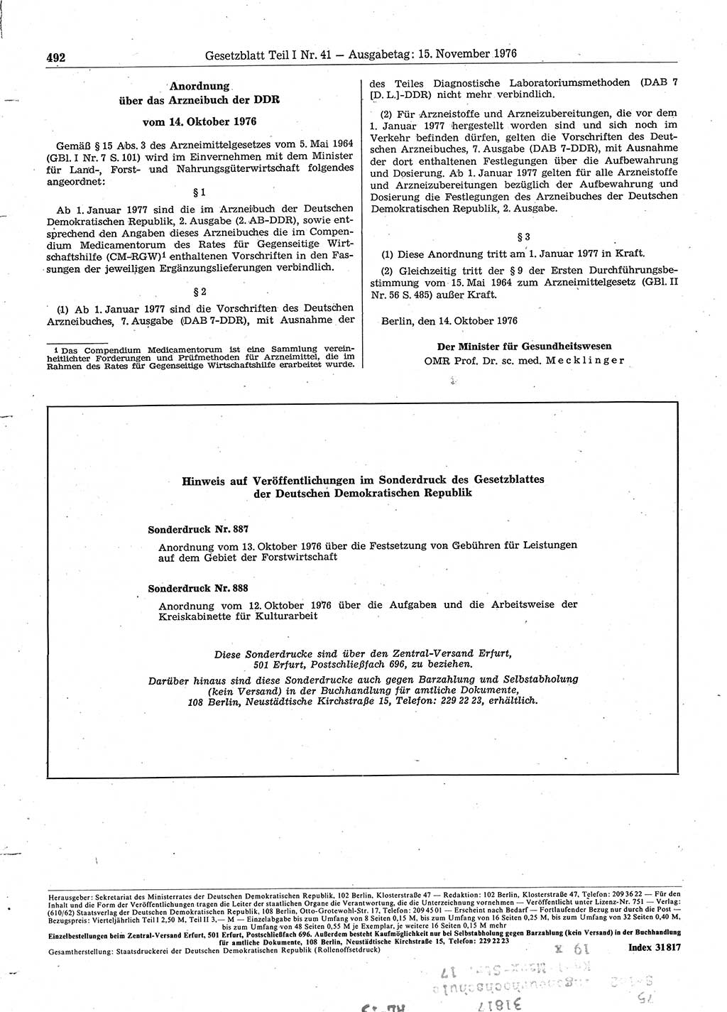 Gesetzblatt (GBl.) der Deutschen Demokratischen Republik (DDR) Teil Ⅰ 1976, Seite 492 (GBl. DDR Ⅰ 1976, S. 492)