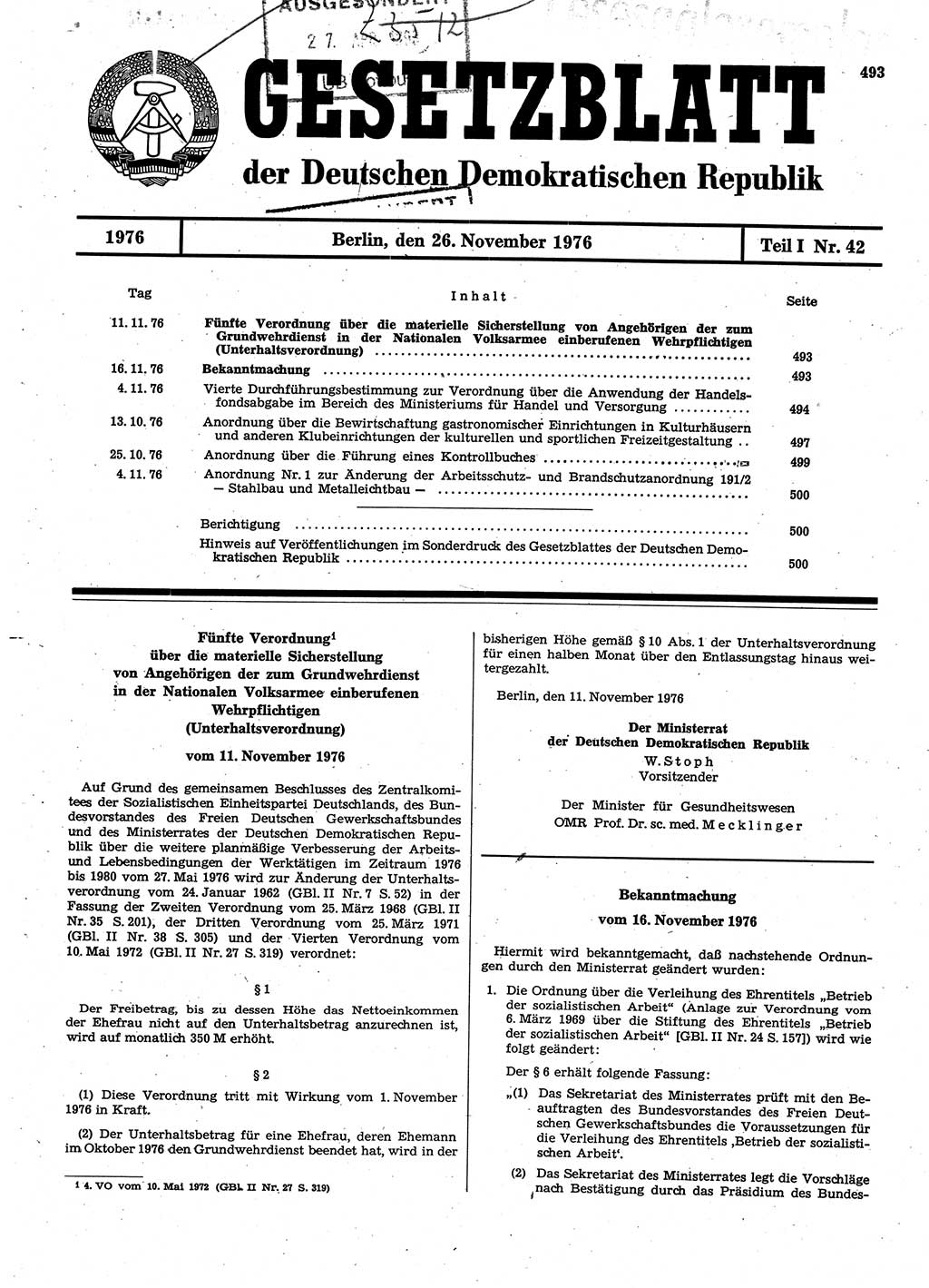 Gesetzblatt (GBl.) der Deutschen Demokratischen Republik (DDR) Teil Ⅰ 1976, Seite 493 (GBl. DDR Ⅰ 1976, S. 493)