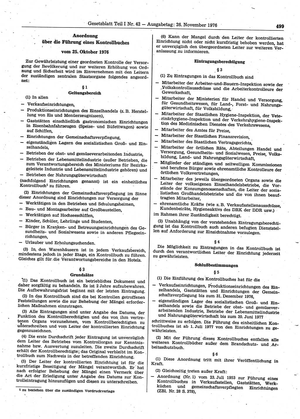 Gesetzblatt (GBl.) der Deutschen Demokratischen Republik (DDR) Teil Ⅰ 1976, Seite 499 (GBl. DDR Ⅰ 1976, S. 499)