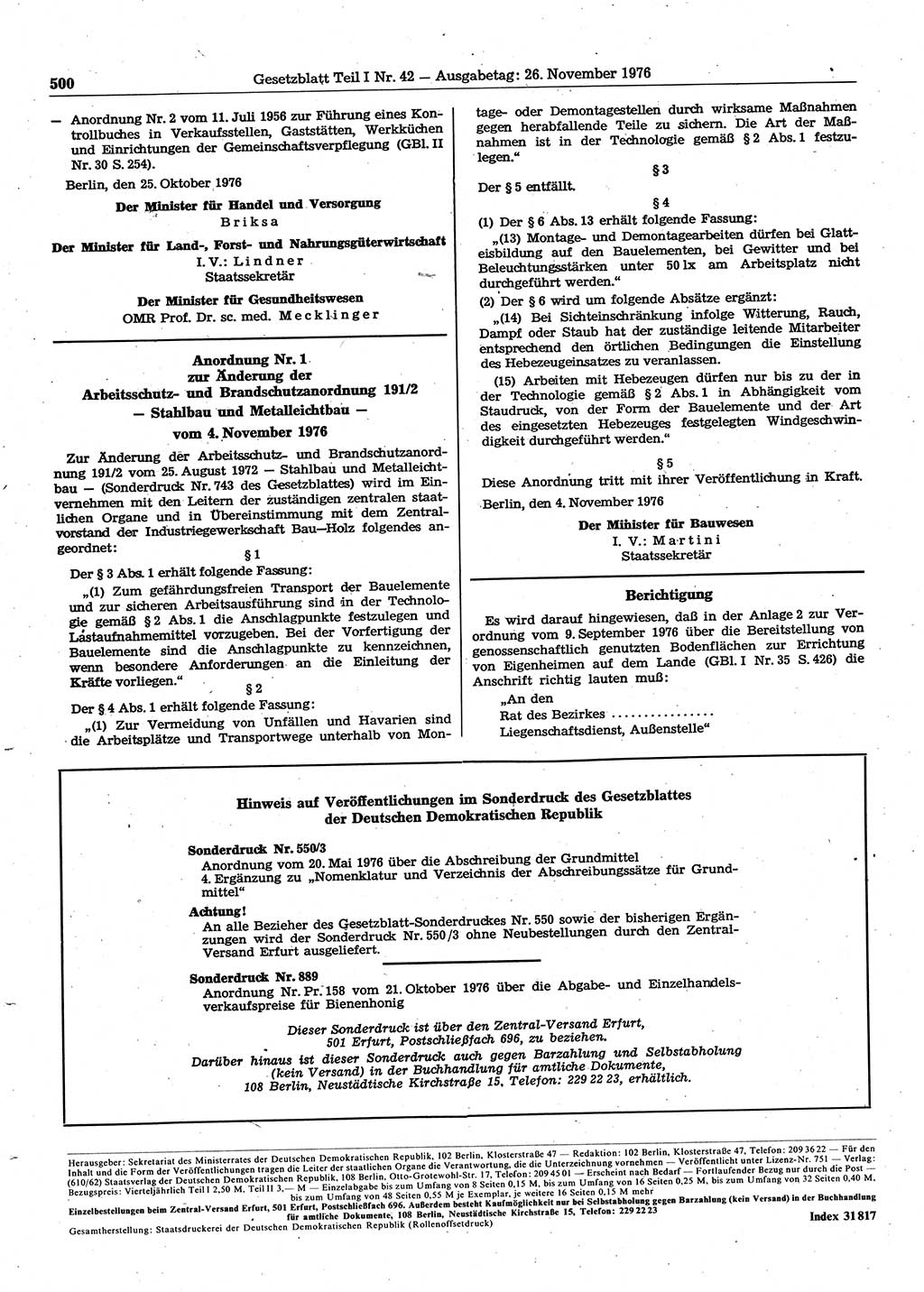 Gesetzblatt (GBl.) der Deutschen Demokratischen Republik (DDR) Teil Ⅰ 1976, Seite 500 (GBl. DDR Ⅰ 1976, S. 500)