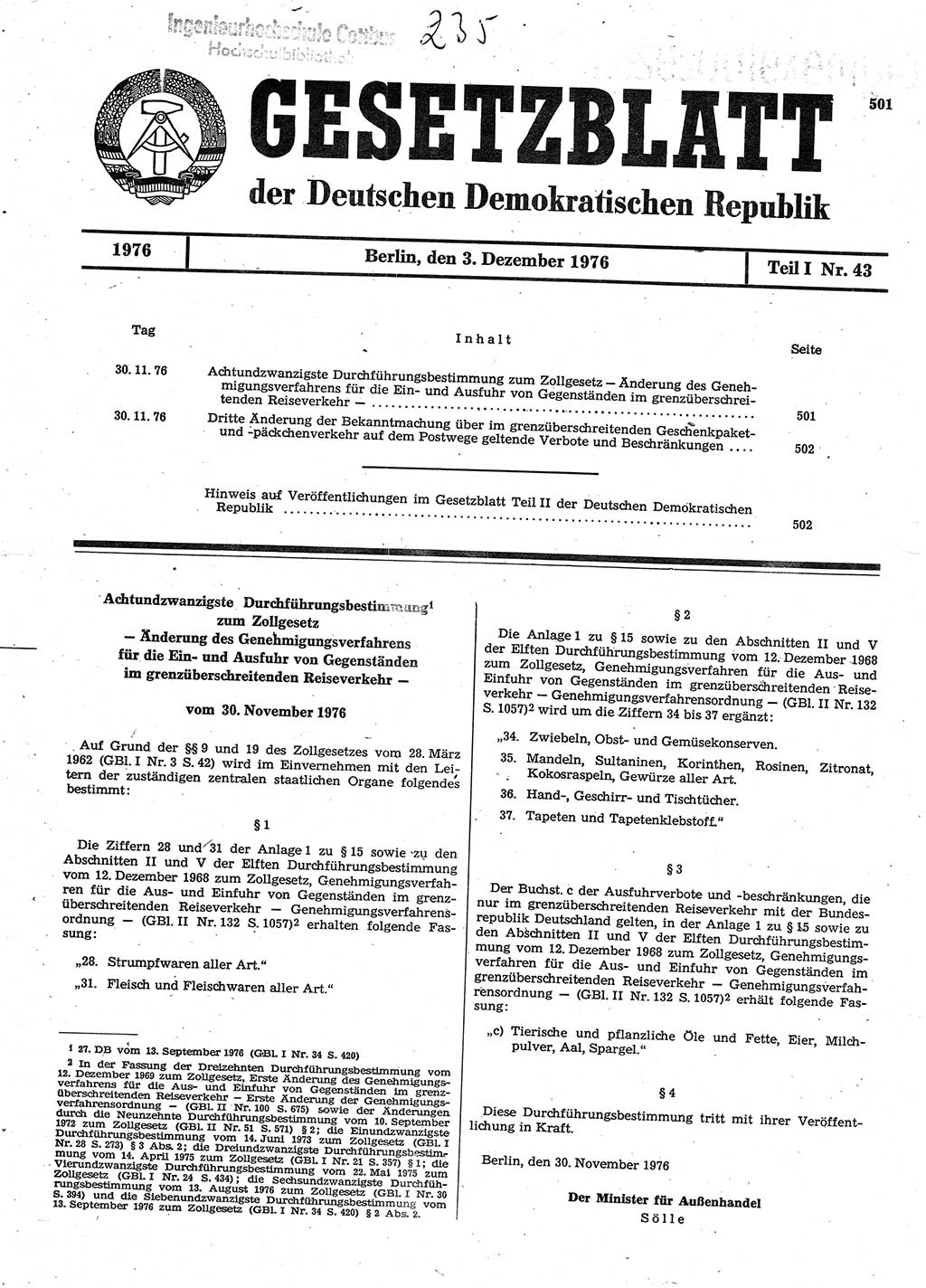 Gesetzblatt (GBl.) der Deutschen Demokratischen Republik (DDR) Teil Ⅰ 1976, Seite 501 (GBl. DDR Ⅰ 1976, S. 501)