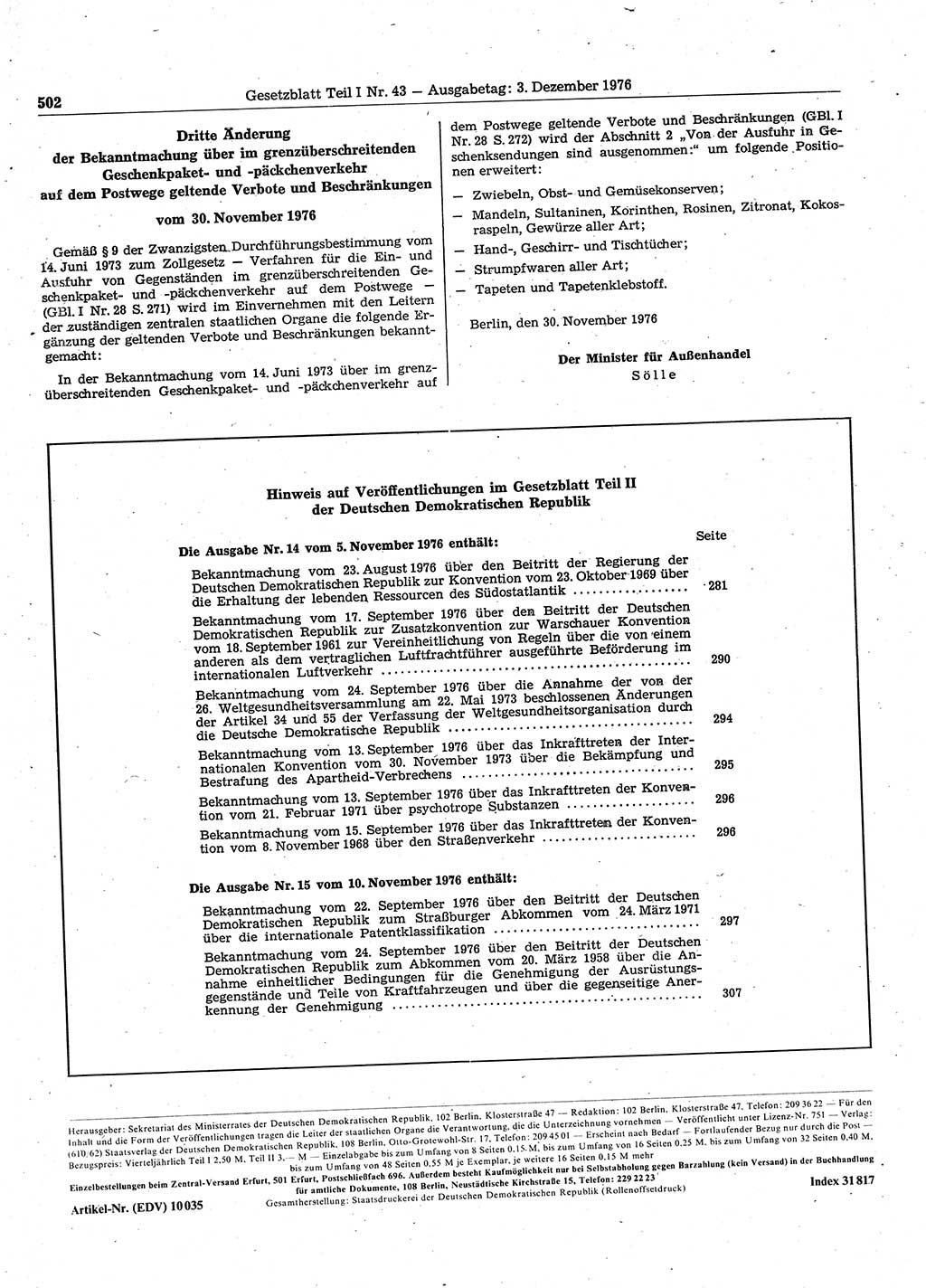 Gesetzblatt (GBl.) der Deutschen Demokratischen Republik (DDR) Teil Ⅰ 1976, Seite 502 (GBl. DDR Ⅰ 1976, S. 502)