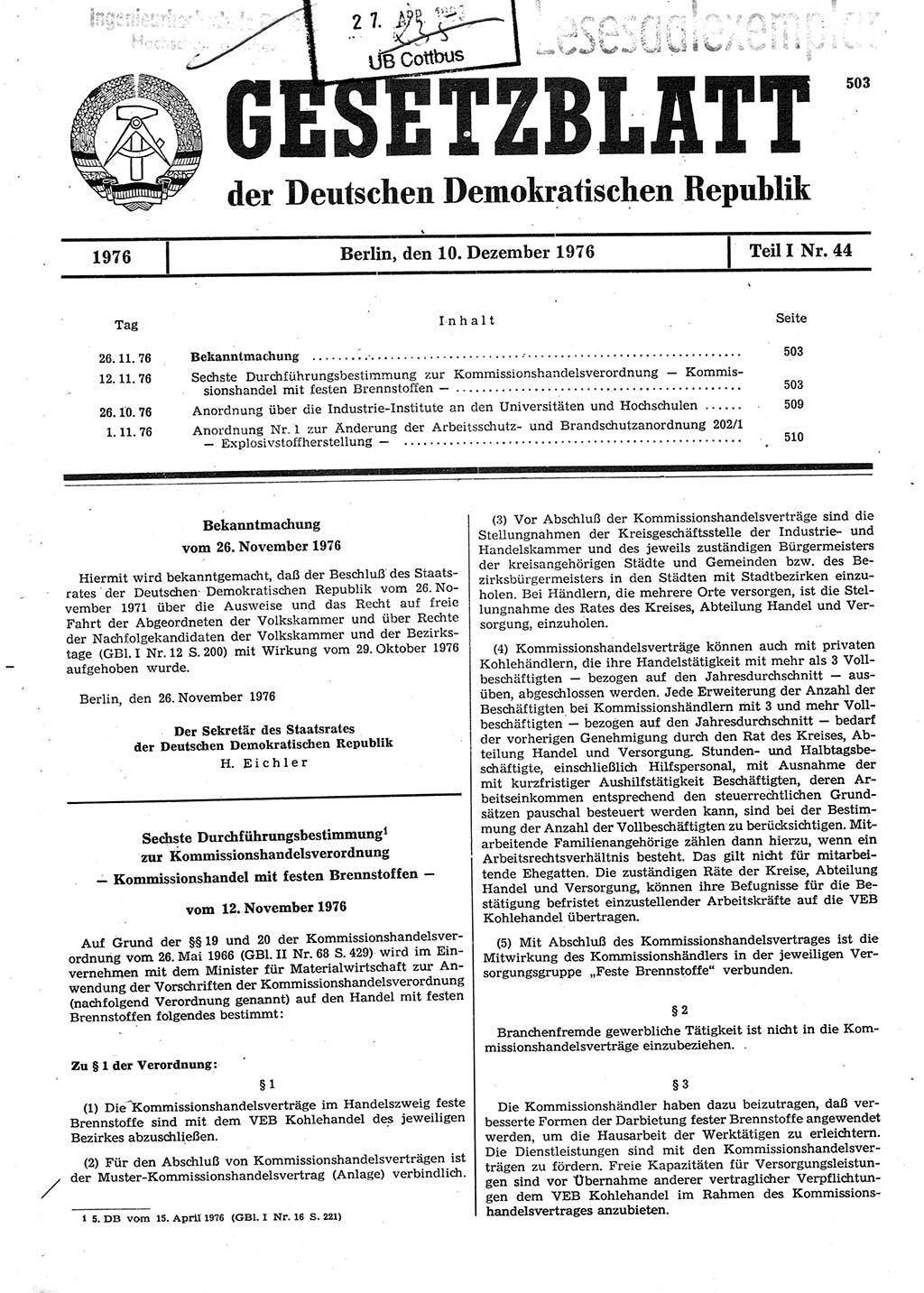 Gesetzblatt (GBl.) der Deutschen Demokratischen Republik (DDR) Teil Ⅰ 1976, Seite 503 (GBl. DDR Ⅰ 1976, S. 503)