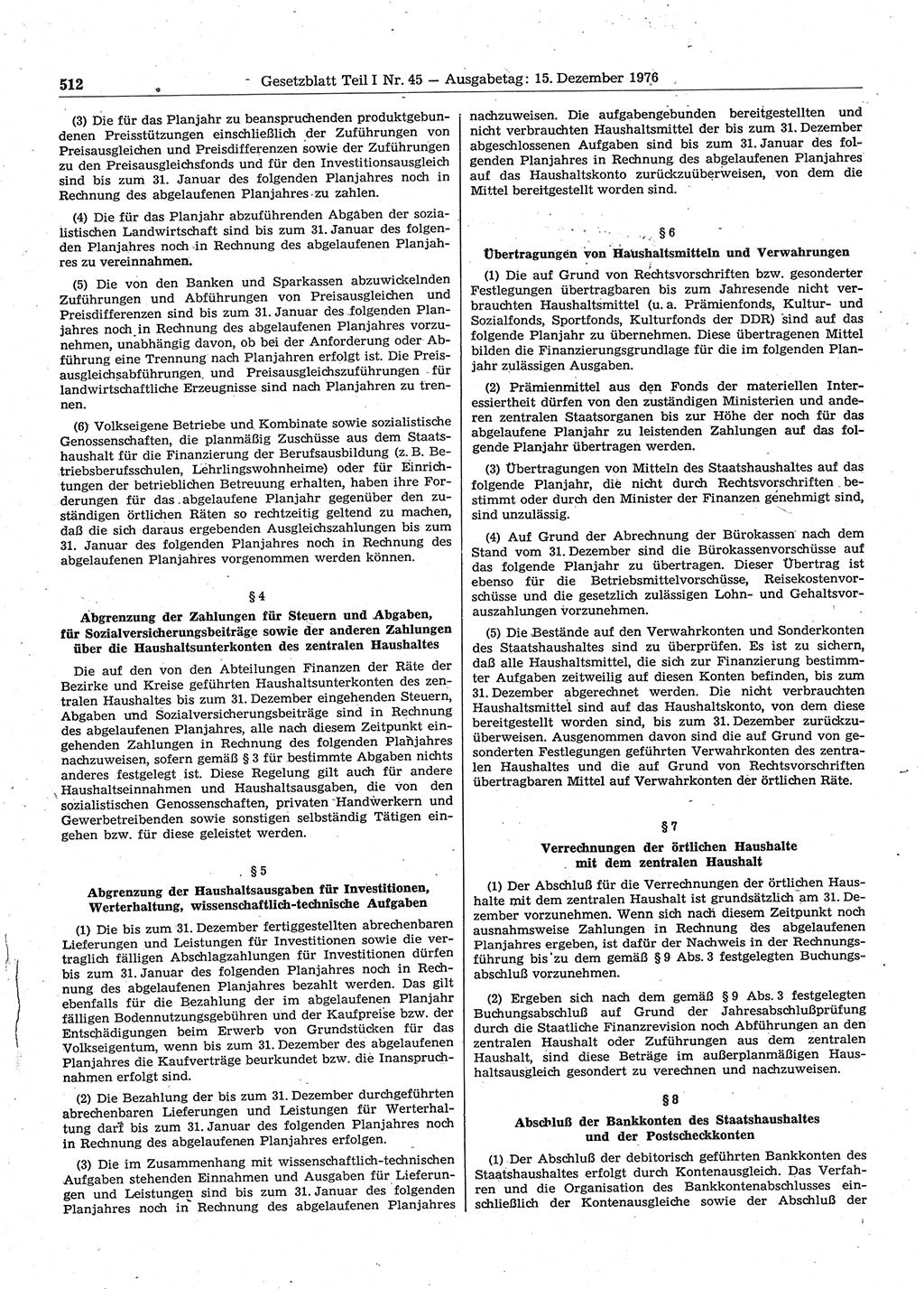 Gesetzblatt (GBl.) der Deutschen Demokratischen Republik (DDR) Teil Ⅰ 1976, Seite 512 (GBl. DDR Ⅰ 1976, S. 512)