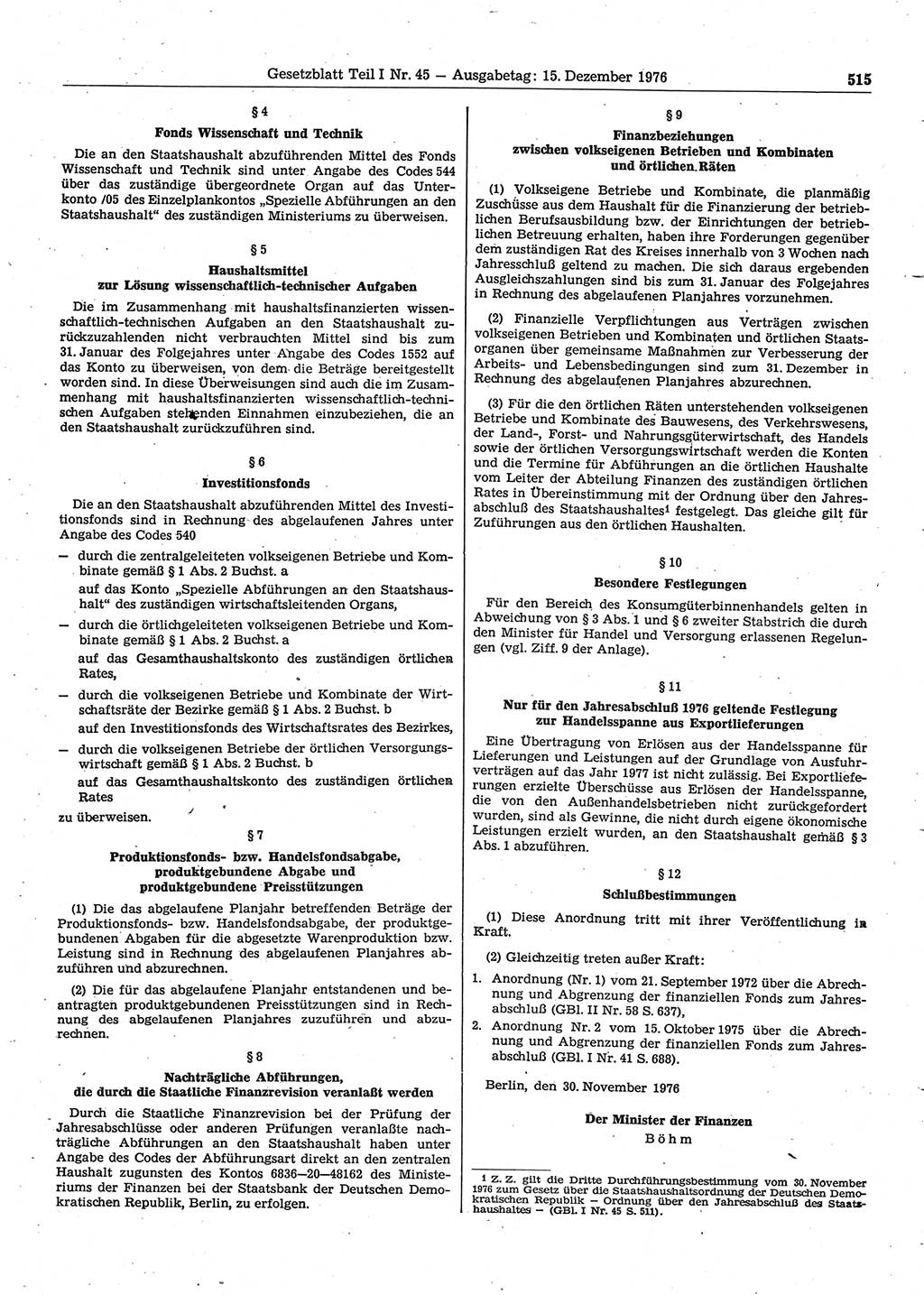 Gesetzblatt (GBl.) der Deutschen Demokratischen Republik (DDR) Teil Ⅰ 1976, Seite 515 (GBl. DDR Ⅰ 1976, S. 515)