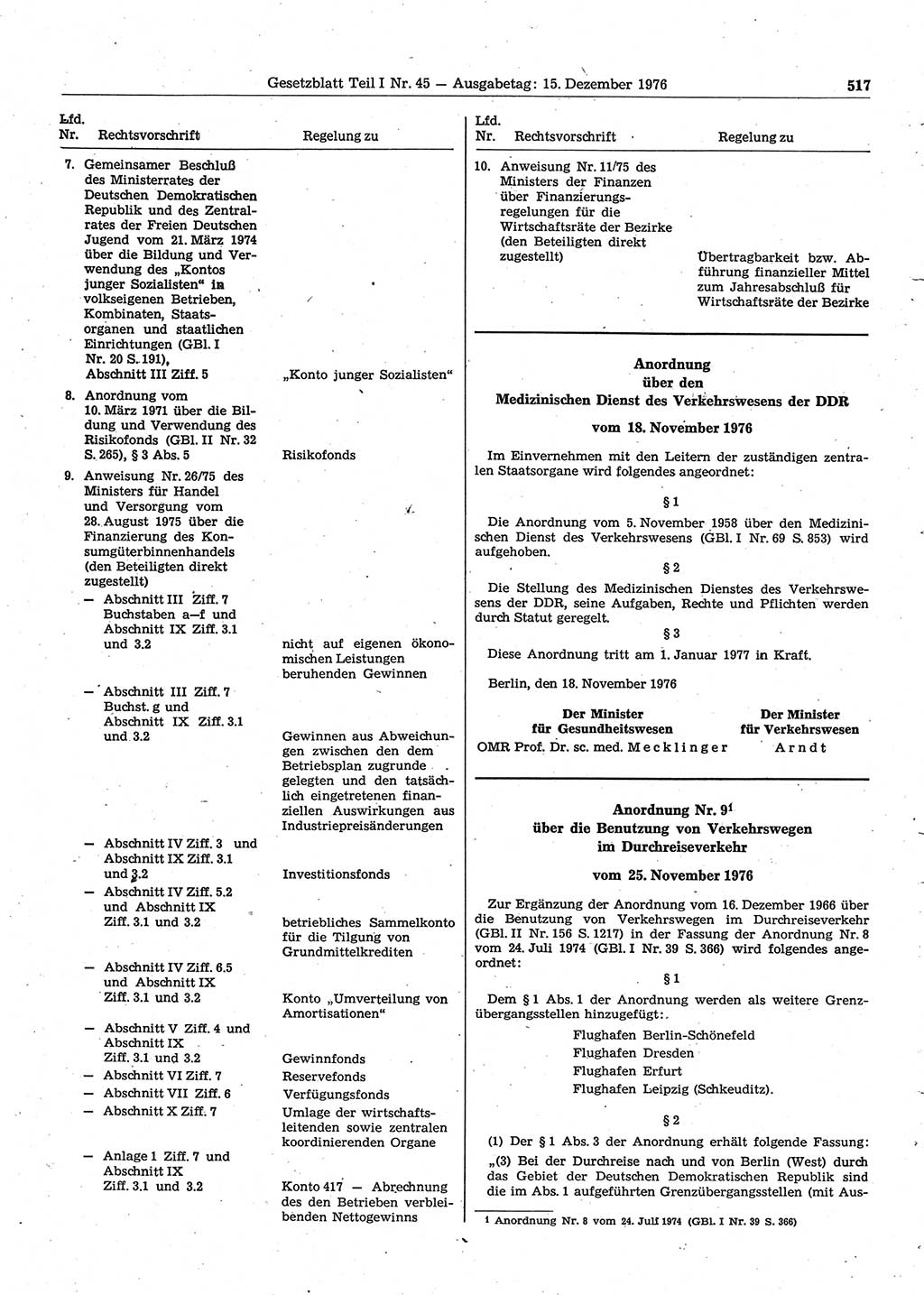 Gesetzblatt (GBl.) der Deutschen Demokratischen Republik (DDR) Teil Ⅰ 1976, Seite 517 (GBl. DDR Ⅰ 1976, S. 517)