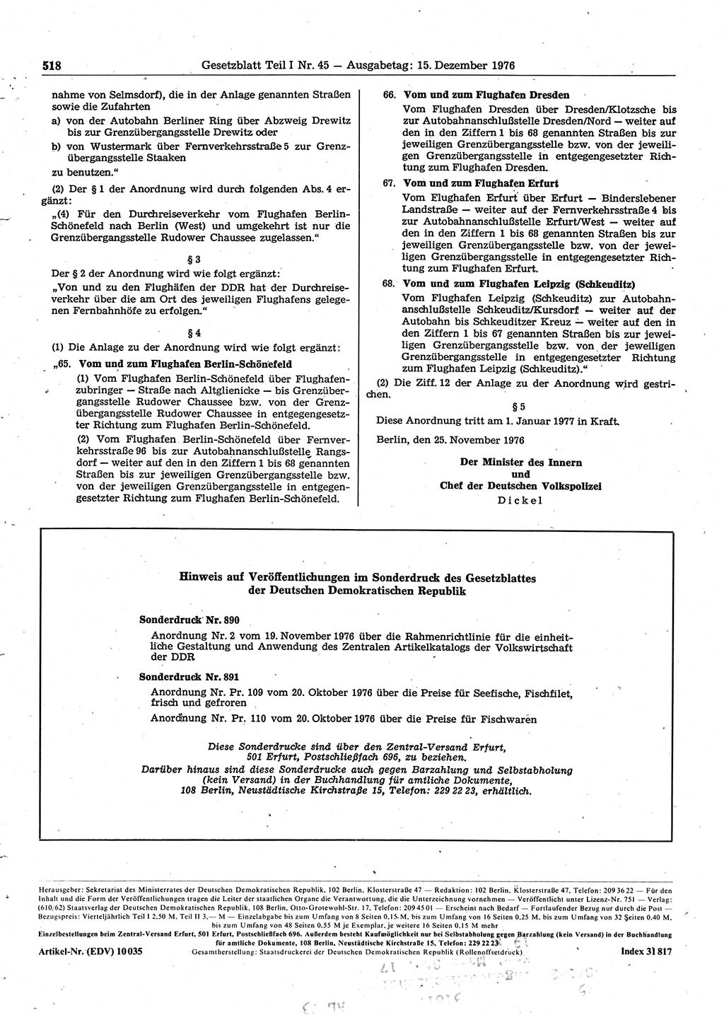 Gesetzblatt (GBl.) der Deutschen Demokratischen Republik (DDR) Teil Ⅰ 1976, Seite 518 (GBl. DDR Ⅰ 1976, S. 518)