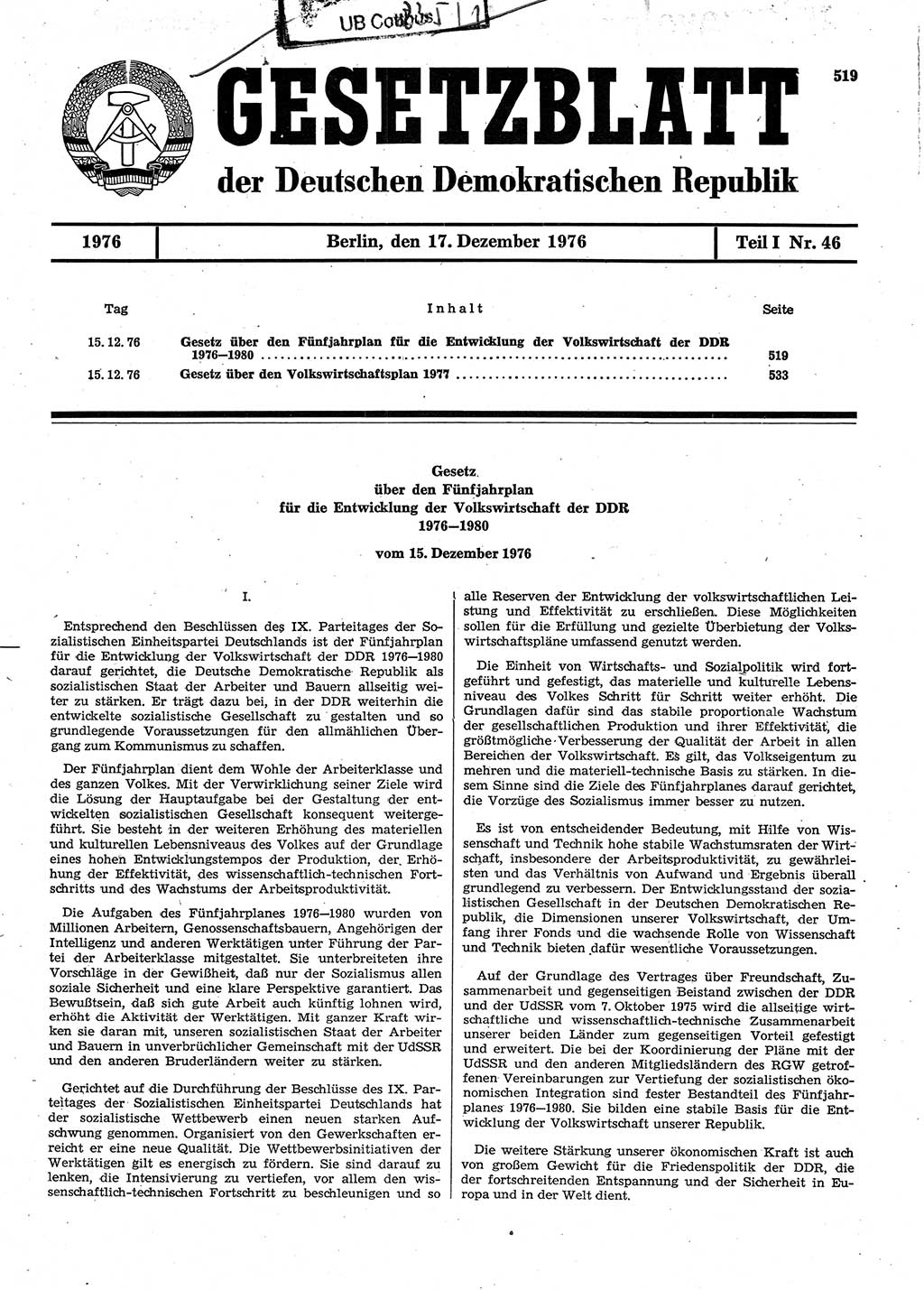 Gesetzblatt (GBl.) der Deutschen Demokratischen Republik (DDR) Teil Ⅰ 1976, Seite 519 (GBl. DDR Ⅰ 1976, S. 519)