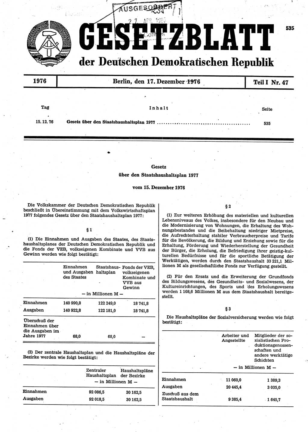 Gesetzblatt (GBl.) der Deutschen Demokratischen Republik (DDR) Teil Ⅰ 1976, Seite 535 (GBl. DDR Ⅰ 1976, S. 535)