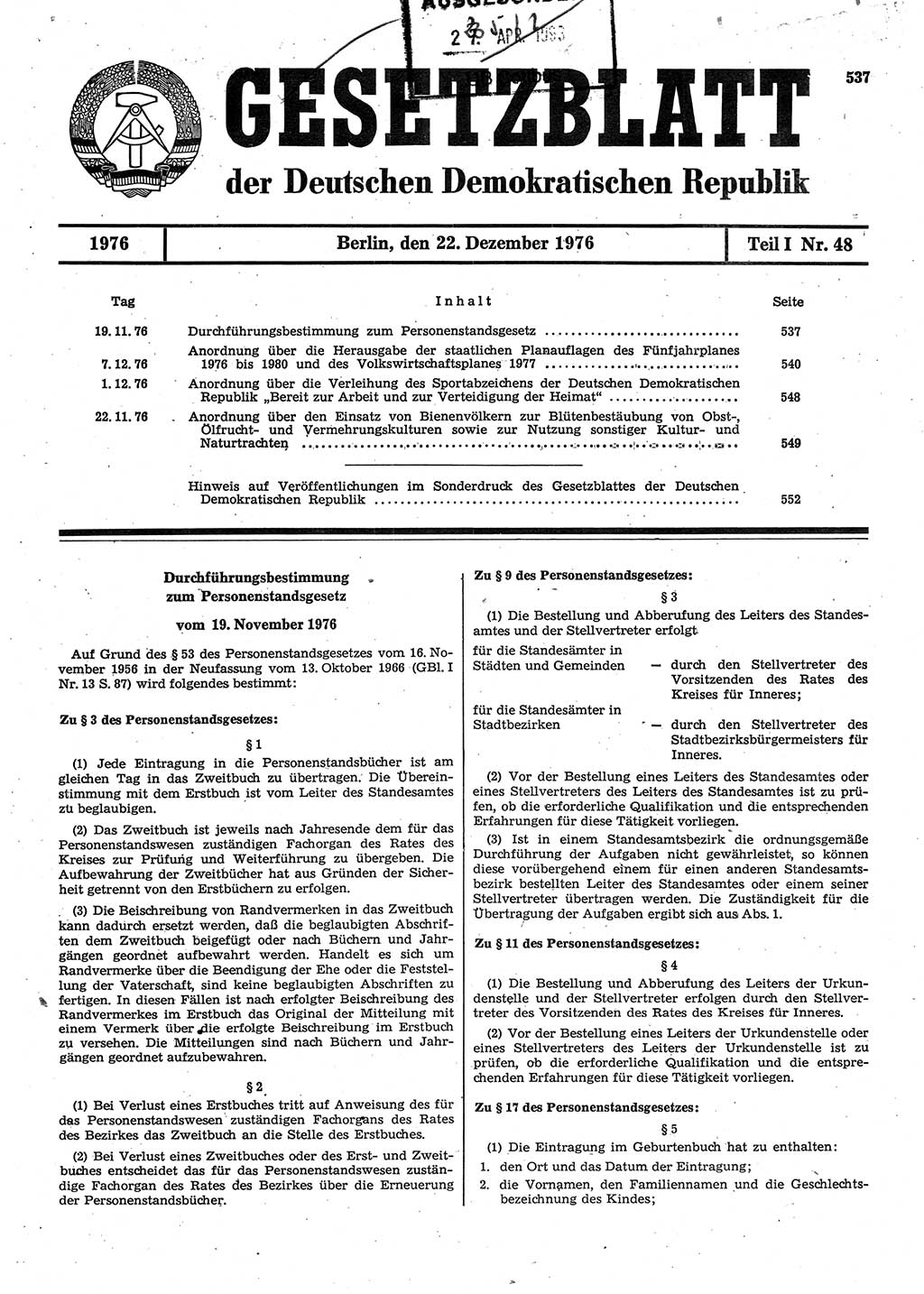 Gesetzblatt (GBl.) der Deutschen Demokratischen Republik (DDR) Teil Ⅰ 1976, Seite 537 (GBl. DDR Ⅰ 1976, S. 537)