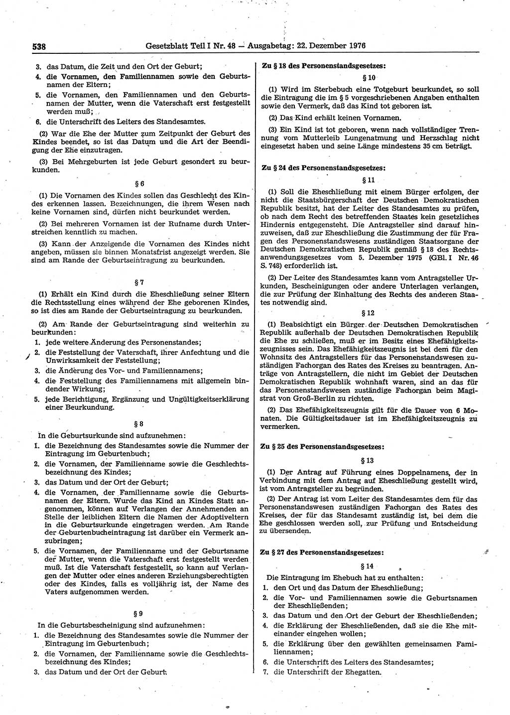 Gesetzblatt (GBl.) der Deutschen Demokratischen Republik (DDR) Teil Ⅰ 1976, Seite 538 (GBl. DDR Ⅰ 1976, S. 538)