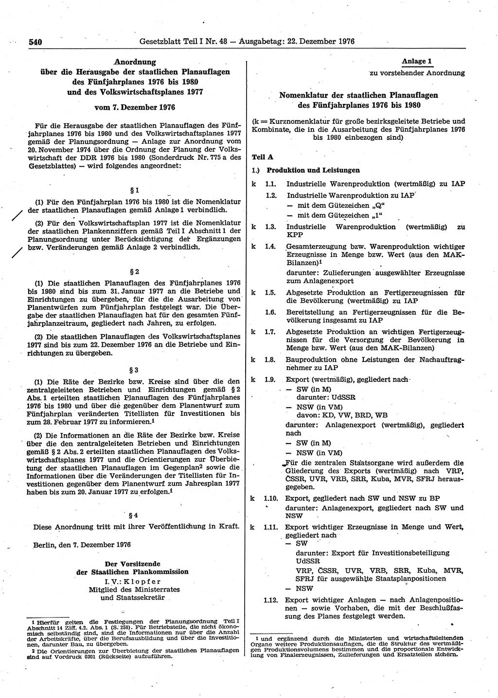 Gesetzblatt (GBl.) der Deutschen Demokratischen Republik (DDR) Teil Ⅰ 1976, Seite 540 (GBl. DDR Ⅰ 1976, S. 540)