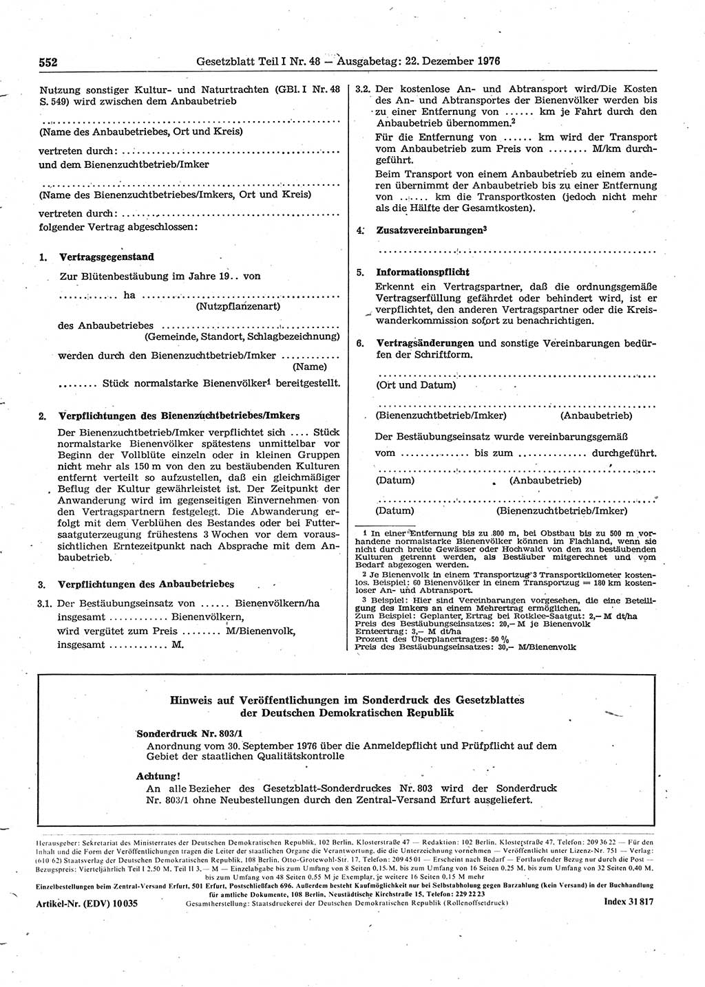 Gesetzblatt (GBl.) der Deutschen Demokratischen Republik (DDR) Teil Ⅰ 1976, Seite 552 (GBl. DDR Ⅰ 1976, S. 552)