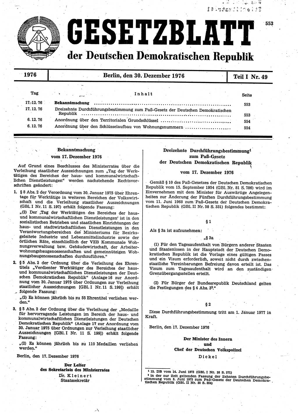 Gesetzblatt (GBl.) der Deutschen Demokratischen Republik (DDR) Teil Ⅰ 1976, Seite 553 (GBl. DDR Ⅰ 1976, S. 553)