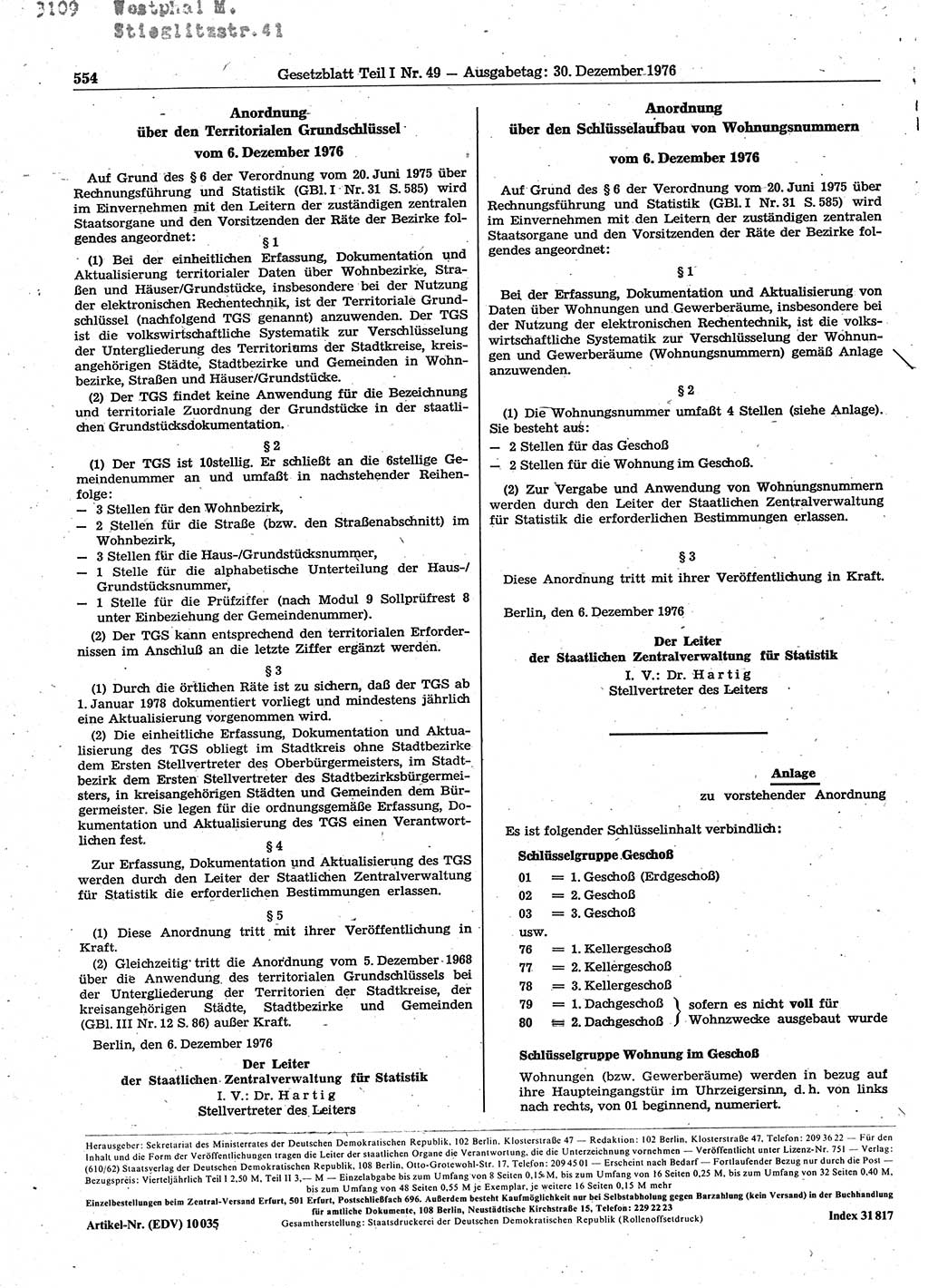 Gesetzblatt (GBl.) der Deutschen Demokratischen Republik (DDR) Teil Ⅰ 1976, Seite 554 (GBl. DDR Ⅰ 1976, S. 554)