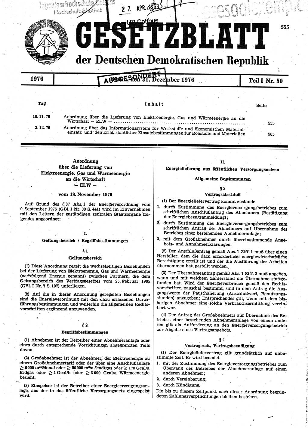 Gesetzblatt (GBl.) der Deutschen Demokratischen Republik (DDR) Teil Ⅰ 1976, Seite 555 (GBl. DDR Ⅰ 1976, S. 555)