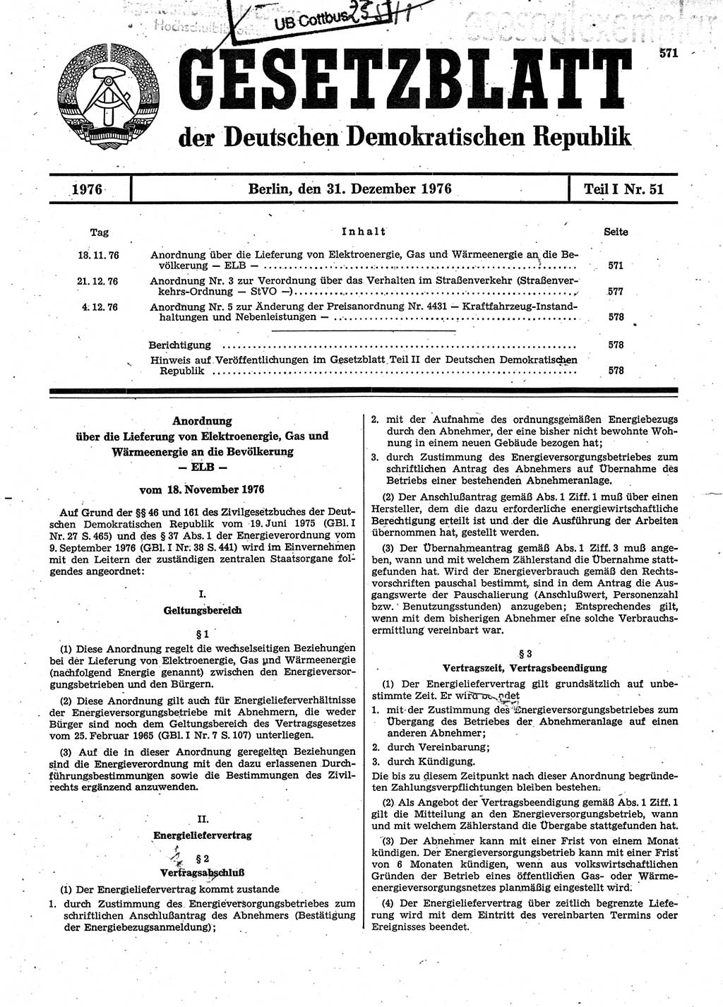 Gesetzblatt (GBl.) der Deutschen Demokratischen Republik (DDR) Teil Ⅰ 1976, Seite 571 (GBl. DDR Ⅰ 1976, S. 571)