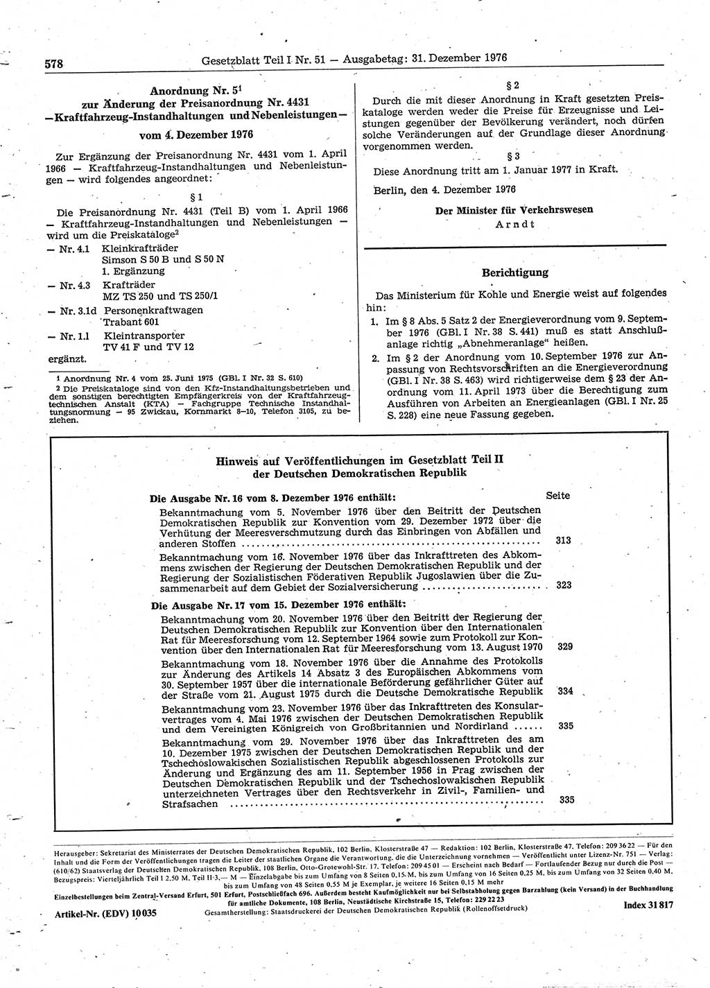 Gesetzblatt (GBl.) der Deutschen Demokratischen Republik (DDR) Teil Ⅰ 1976, Seite 578 (GBl. DDR Ⅰ 1976, S. 578)