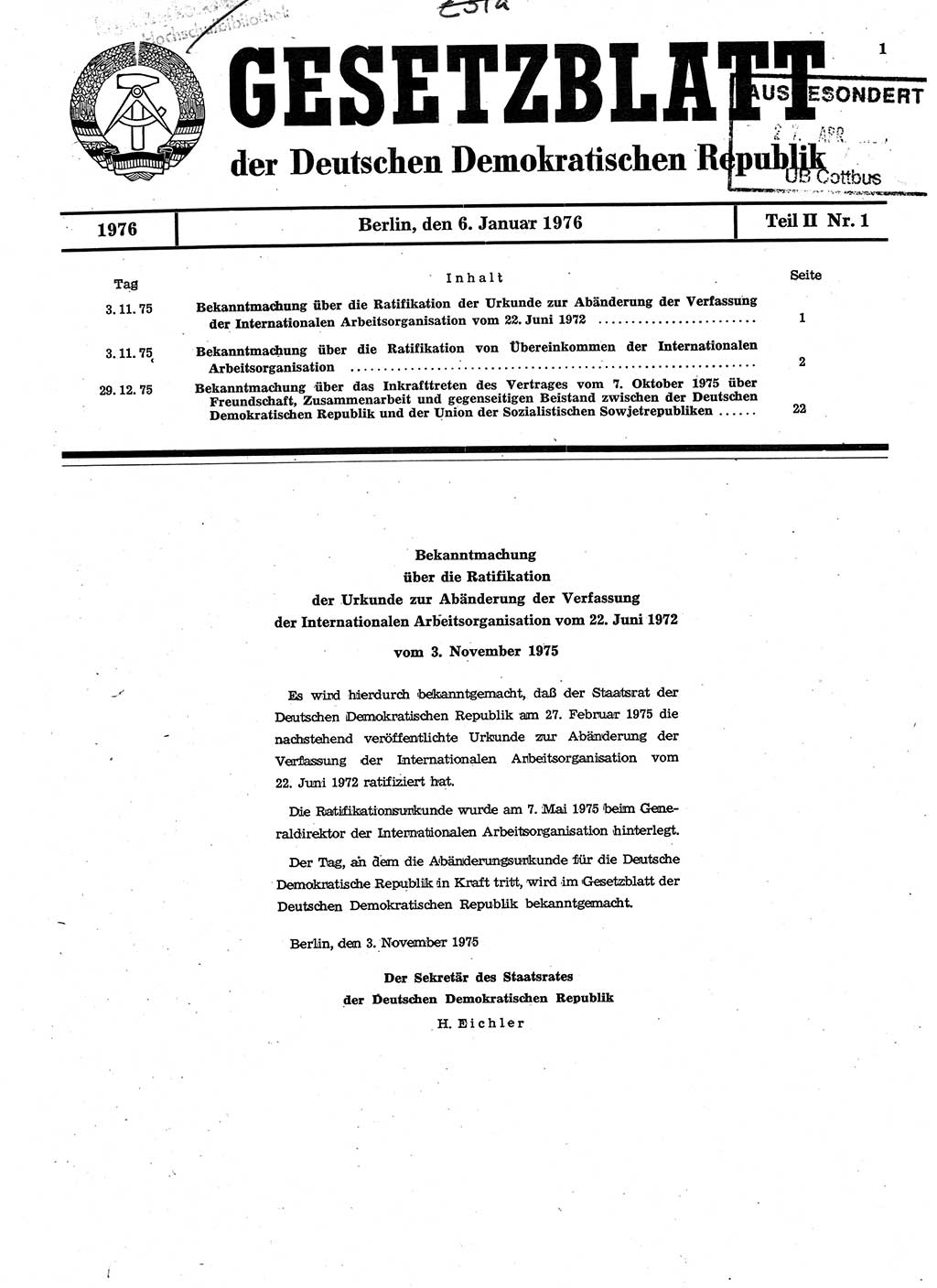Gesetzblatt (GBl.) der Deutschen Demokratischen Republik (DDR) Teil ⅠⅠ 1976, Seite 1 (GBl. DDR ⅠⅠ 1976, S. 1)