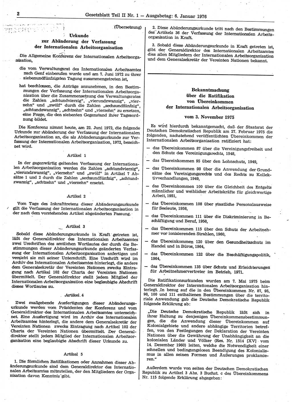 Gesetzblatt (GBl.) der Deutschen Demokratischen Republik (DDR) Teil ⅠⅠ 1976, Seite 2 (GBl. DDR ⅠⅠ 1976, S. 2)