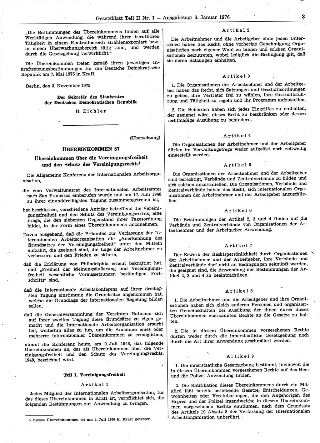 Gesetzblatt (GBl.) der Deutschen Demokratischen Republik (DDR) Teil ⅠⅠ 1976, Seite 3 (GBl. DDR ⅠⅠ 1976, S. 3)