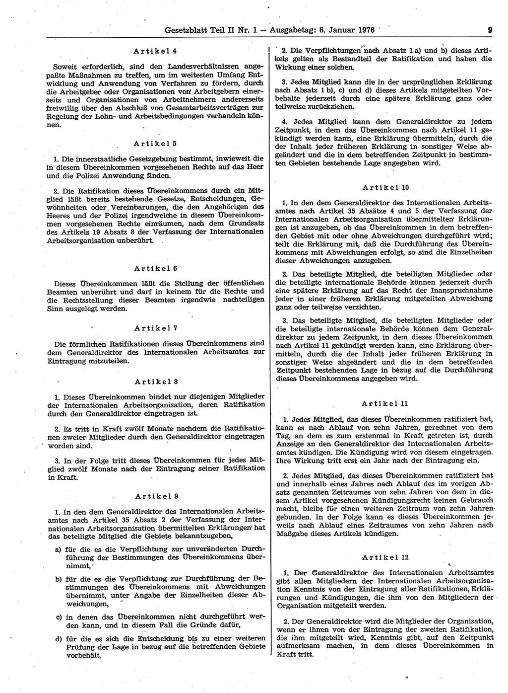 Gesetzblatt (GBl.) der Deutschen Demokratischen Republik (DDR) Teil ⅠⅠ 1976, Seite 9 (GBl. DDR ⅠⅠ 1976, S. 9)
