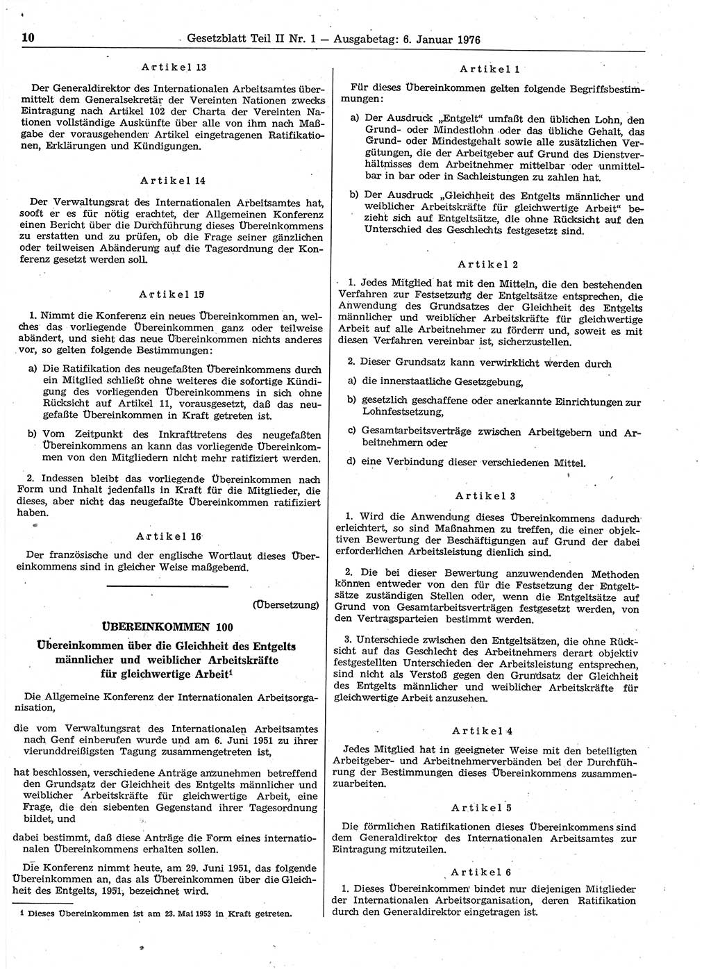 Gesetzblatt (GBl.) der Deutschen Demokratischen Republik (DDR) Teil ⅠⅠ 1976, Seite 10 (GBl. DDR ⅠⅠ 1976, S. 10)