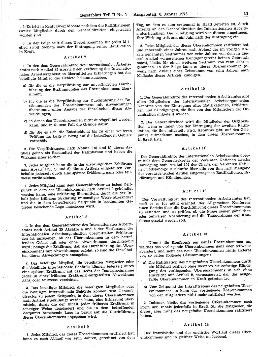 Gesetzblatt (GBl.) der Deutschen Demokratischen Republik (DDR) Teil ⅠⅠ 1976, Seite 11 (GBl. DDR ⅠⅠ 1976, S. 11)