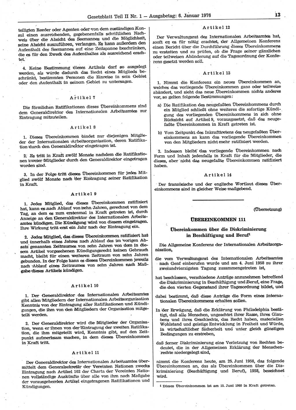 Gesetzblatt (GBl.) der Deutschen Demokratischen Republik (DDR) Teil ⅠⅠ 1976, Seite 13 (GBl. DDR ⅠⅠ 1976, S. 13)