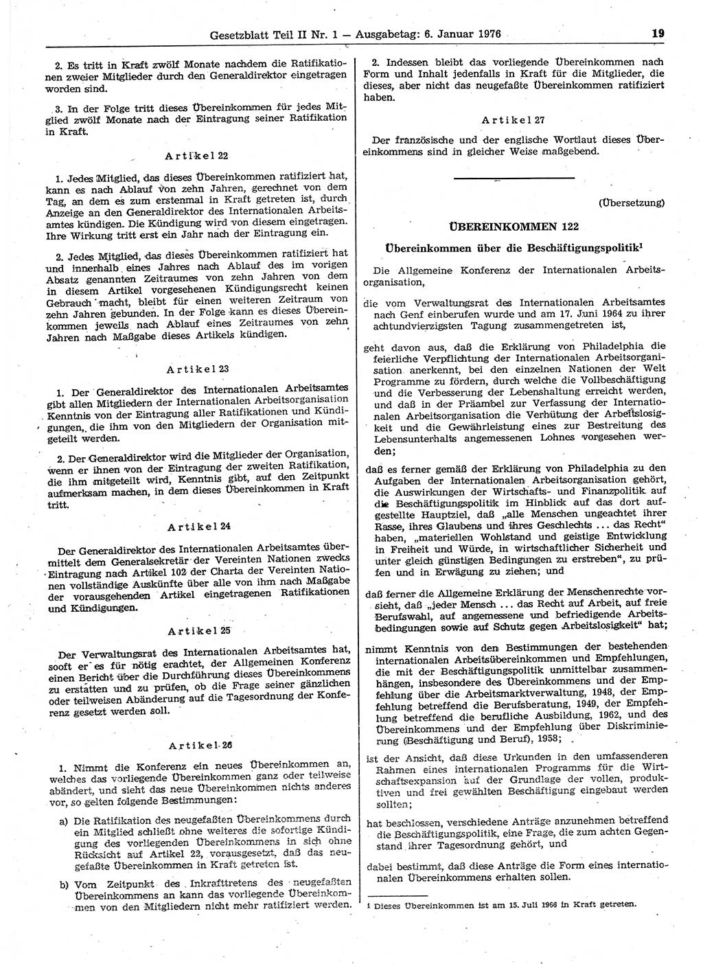 Gesetzblatt (GBl.) der Deutschen Demokratischen Republik (DDR) Teil ⅠⅠ 1976, Seite 19 (GBl. DDR ⅠⅠ 1976, S. 19)