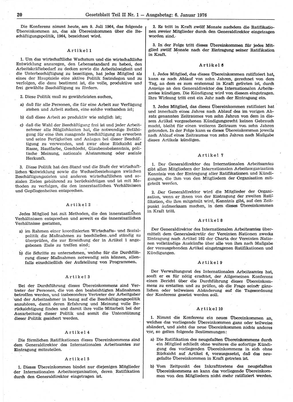 Gesetzblatt (GBl.) der Deutschen Demokratischen Republik (DDR) Teil ⅠⅠ 1976, Seite 20 (GBl. DDR ⅠⅠ 1976, S. 20)