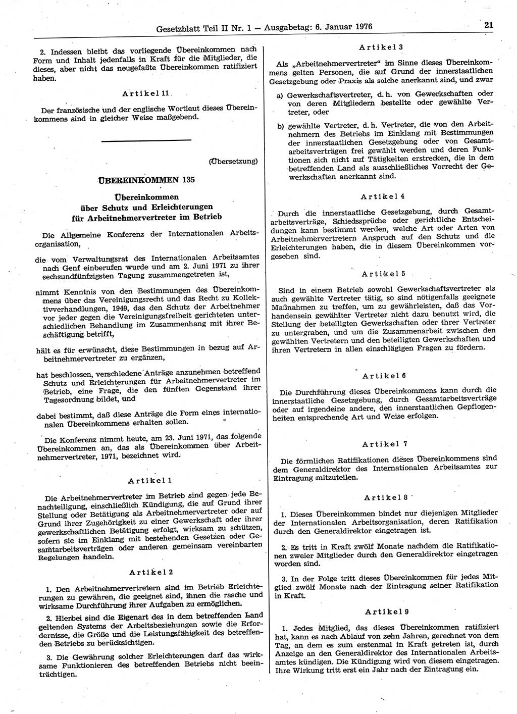 Gesetzblatt (GBl.) der Deutschen Demokratischen Republik (DDR) Teil ⅠⅠ 1976, Seite 21 (GBl. DDR ⅠⅠ 1976, S. 21)