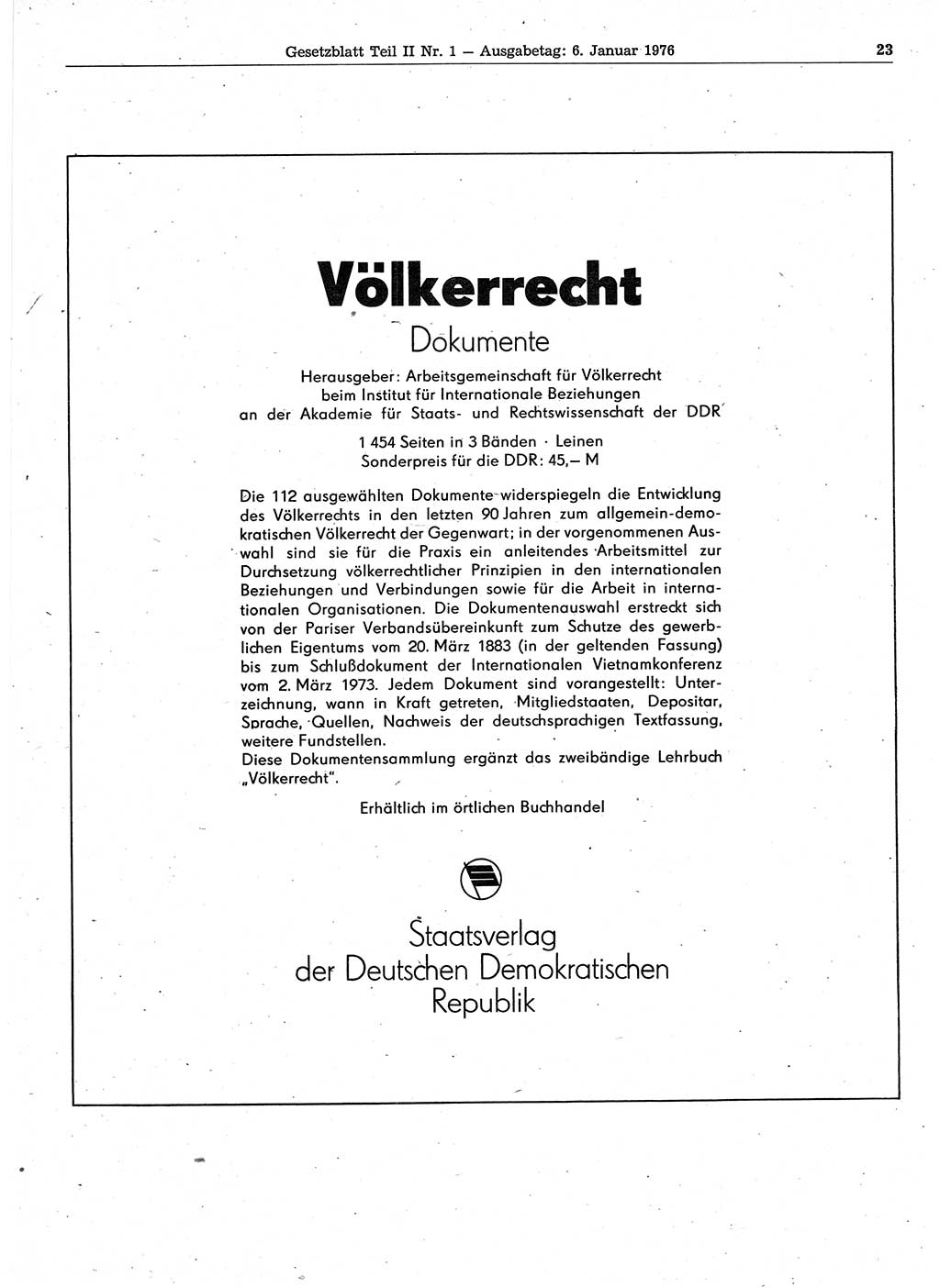 Gesetzblatt (GBl.) der Deutschen Demokratischen Republik (DDR) Teil ⅠⅠ 1976, Seite 23 (GBl. DDR ⅠⅠ 1976, S. 23)