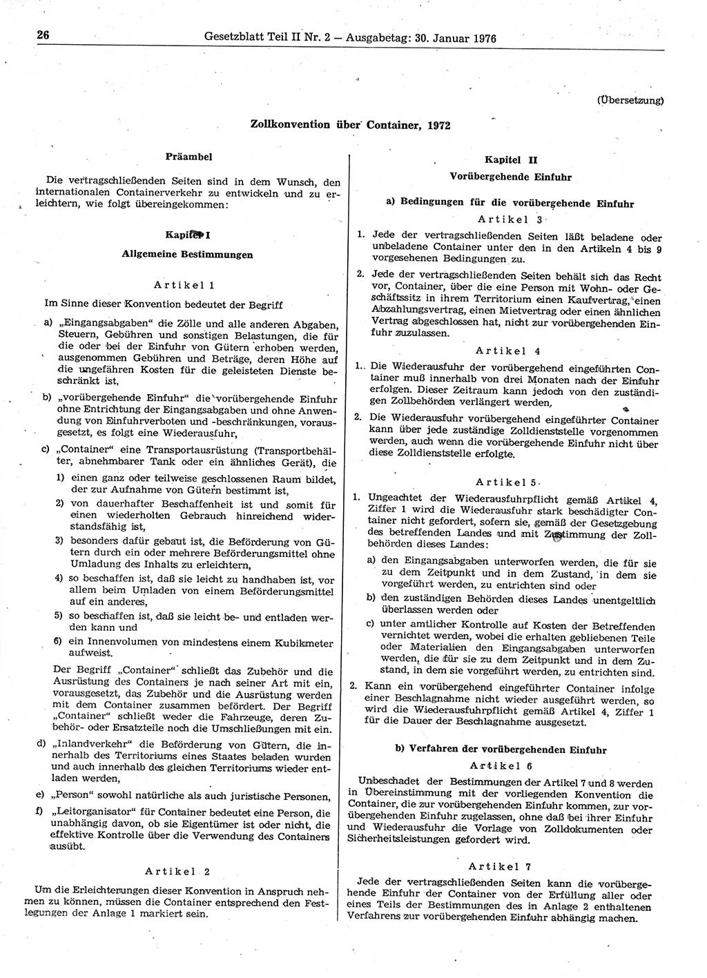 Gesetzblatt (GBl.) der Deutschen Demokratischen Republik (DDR) Teil ⅠⅠ 1976, Seite 26 (GBl. DDR ⅠⅠ 1976, S. 26)