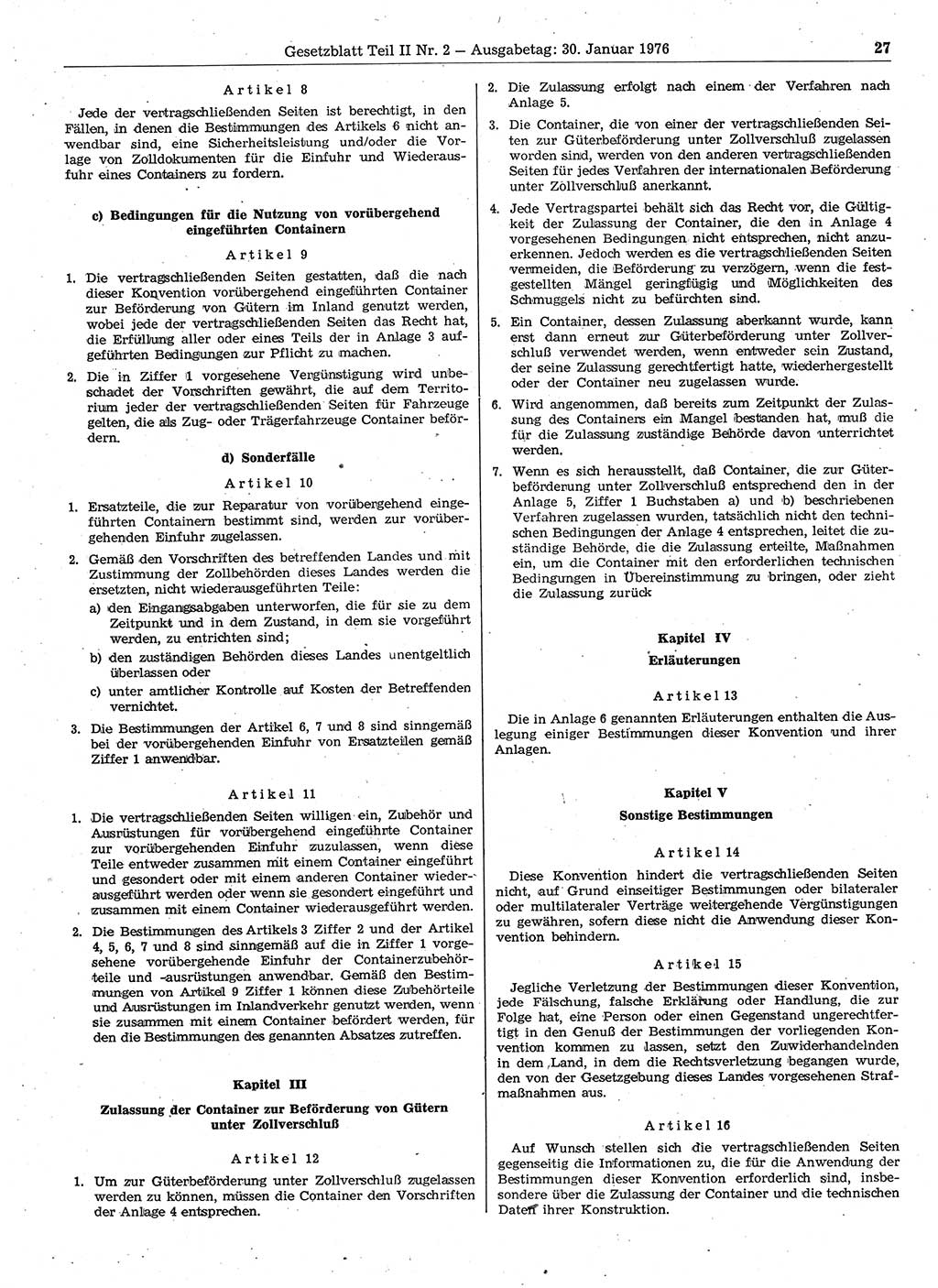 Gesetzblatt (GBl.) der Deutschen Demokratischen Republik (DDR) Teil ⅠⅠ 1976, Seite 27 (GBl. DDR ⅠⅠ 1976, S. 27)