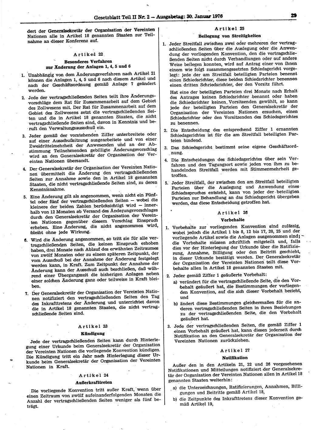 Gesetzblatt (GBl.) der Deutschen Demokratischen Republik (DDR) Teil ⅠⅠ 1976, Seite 29 (GBl. DDR ⅠⅠ 1976, S. 29)