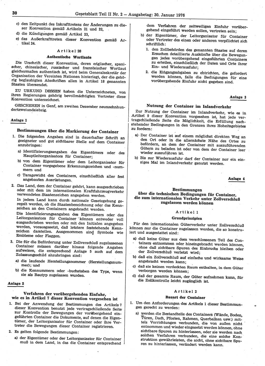 Gesetzblatt (GBl.) der Deutschen Demokratischen Republik (DDR) Teil ⅠⅠ 1976, Seite 30 (GBl. DDR ⅠⅠ 1976, S. 30)