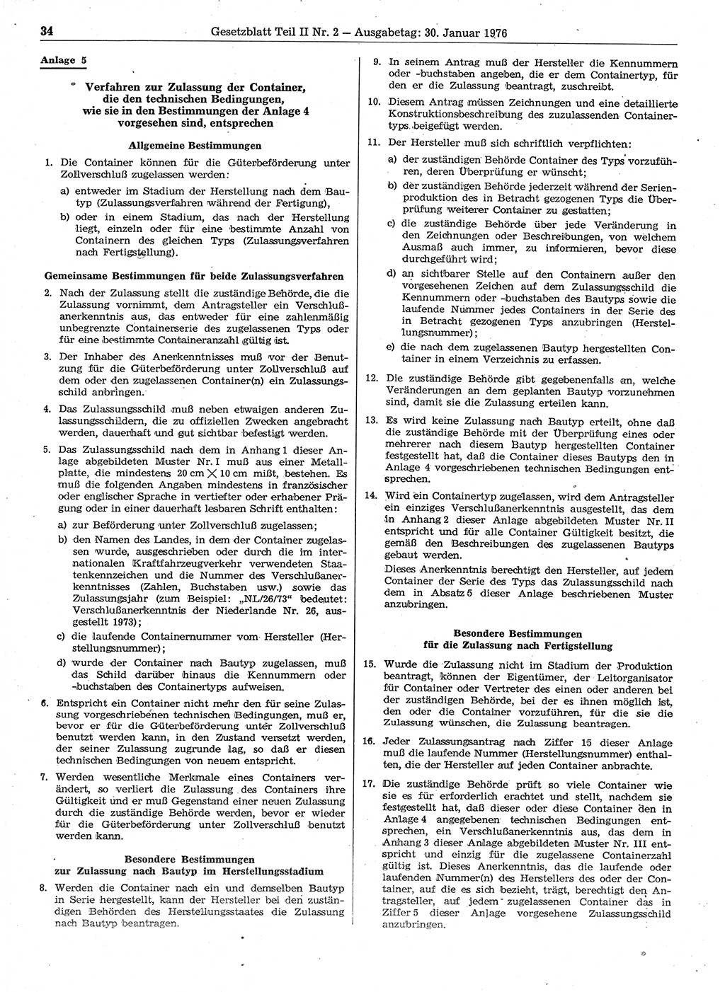 Gesetzblatt (GBl.) der Deutschen Demokratischen Republik (DDR) Teil ⅠⅠ 1976, Seite 34 (GBl. DDR ⅠⅠ 1976, S. 34)