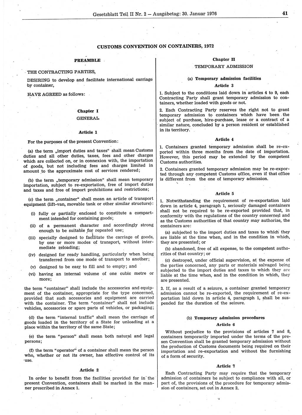 Gesetzblatt (GBl.) der Deutschen Demokratischen Republik (DDR) Teil ⅠⅠ 1976, Seite 41 (GBl. DDR ⅠⅠ 1976, S. 41)