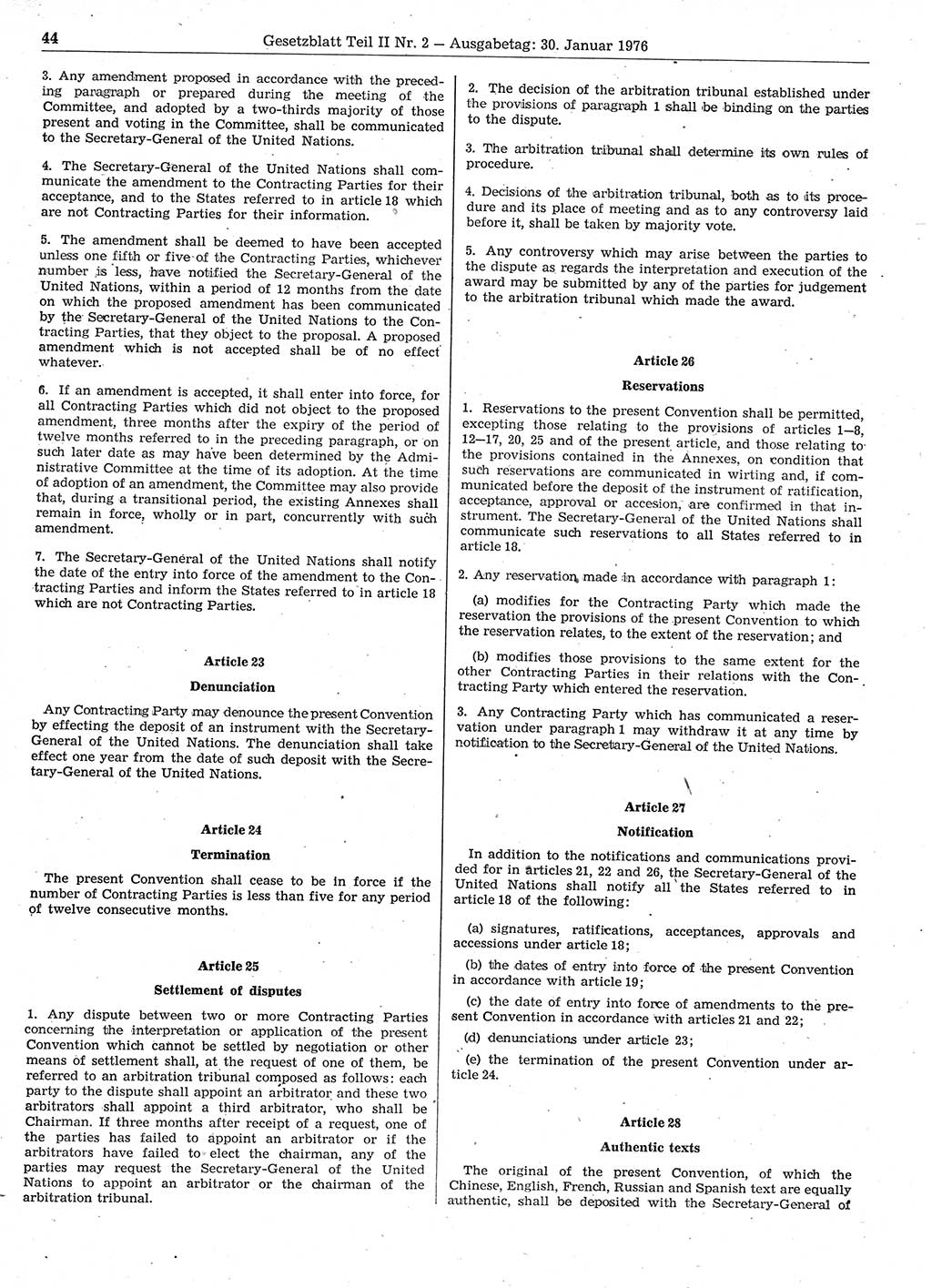Gesetzblatt (GBl.) der Deutschen Demokratischen Republik (DDR) Teil ⅠⅠ 1976, Seite 44 (GBl. DDR ⅠⅠ 1976, S. 44)