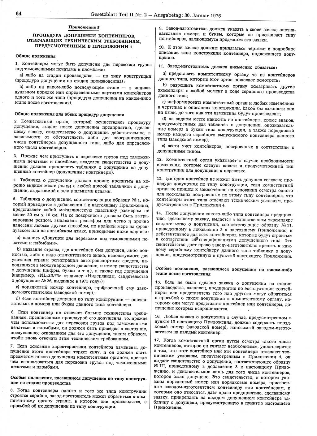 Gesetzblatt (GBl.) der Deutschen Demokratischen Republik (DDR) Teil ⅠⅠ 1976, Seite 64 (GBl. DDR ⅠⅠ 1976, S. 64)
