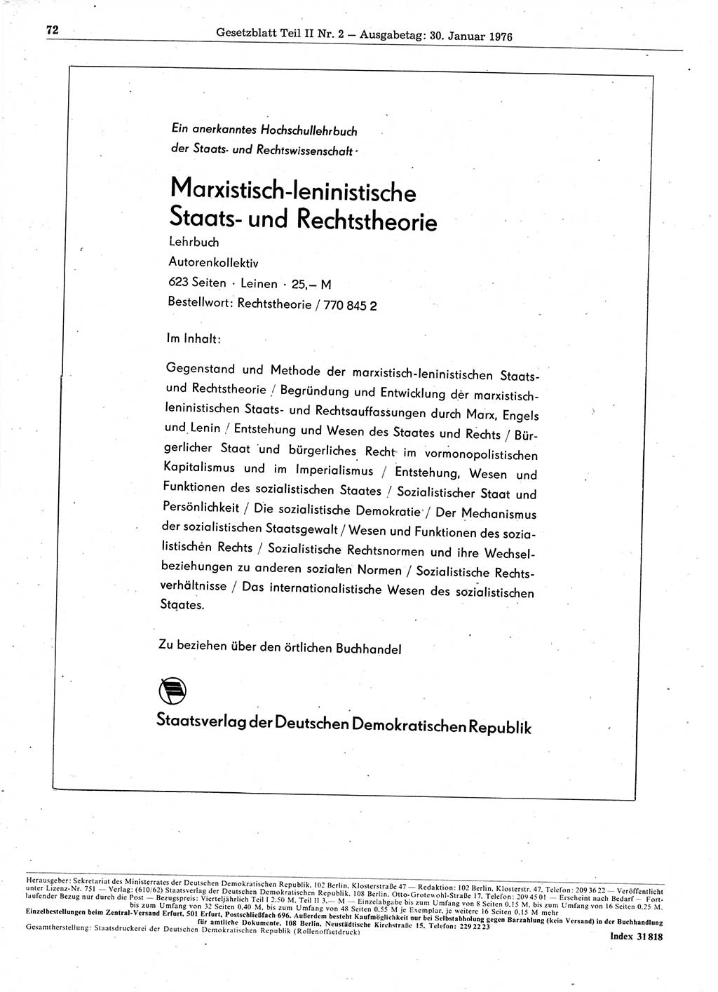 Gesetzblatt (GBl.) der Deutschen Demokratischen Republik (DDR) Teil ⅠⅠ 1976, Seite 72 (GBl. DDR ⅠⅠ 1976, S. 72)