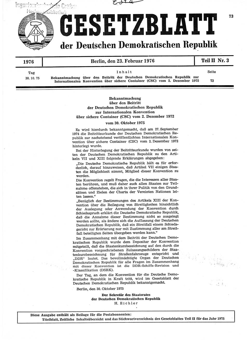 Gesetzblatt (GBl.) der Deutschen Demokratischen Republik (DDR) Teil ⅠⅠ 1976, Seite 73 (GBl. DDR ⅠⅠ 1976, S. 73)