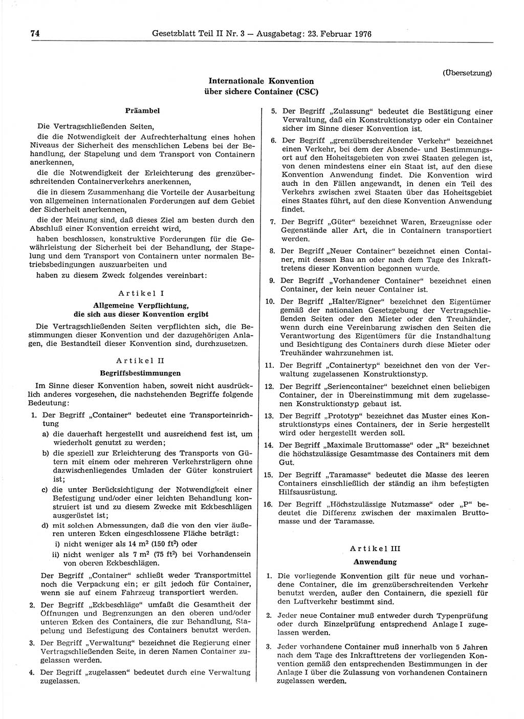 Gesetzblatt (GBl.) der Deutschen Demokratischen Republik (DDR) Teil ⅠⅠ 1976, Seite 74 (GBl. DDR ⅠⅠ 1976, S. 74)