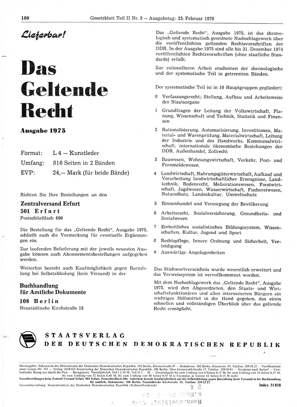 Gesetzblatt (GBl.) der Deutschen Demokratischen Republik (DDR) Teil ⅠⅠ 1976, Seite 100 (GBl. DDR ⅠⅠ 1976, S. 100)