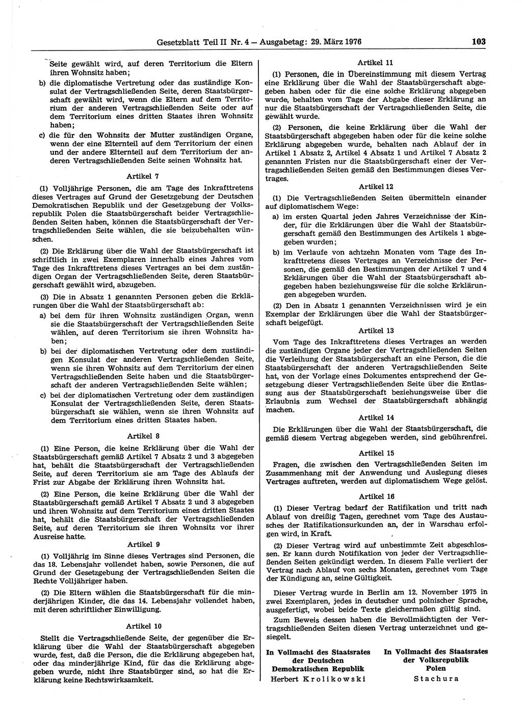 Gesetzblatt (GBl.) der Deutschen Demokratischen Republik (DDR) Teil ⅠⅠ 1976, Seite 103 (GBl. DDR ⅠⅠ 1976, S. 103)
