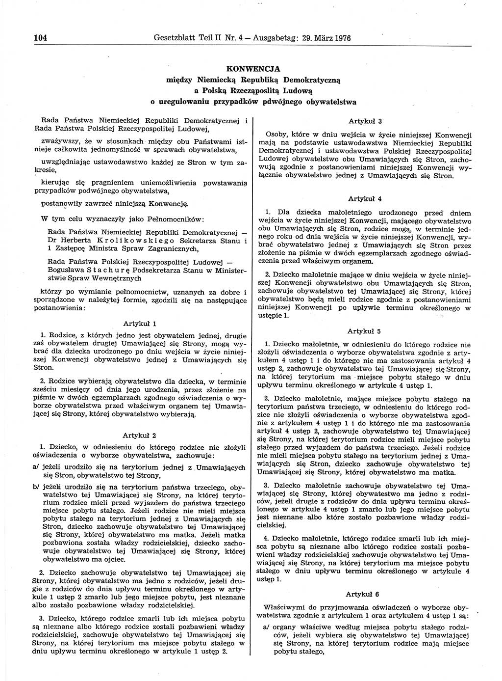 Gesetzblatt (GBl.) der Deutschen Demokratischen Republik (DDR) Teil ⅠⅠ 1976, Seite 104 (GBl. DDR ⅠⅠ 1976, S. 104)