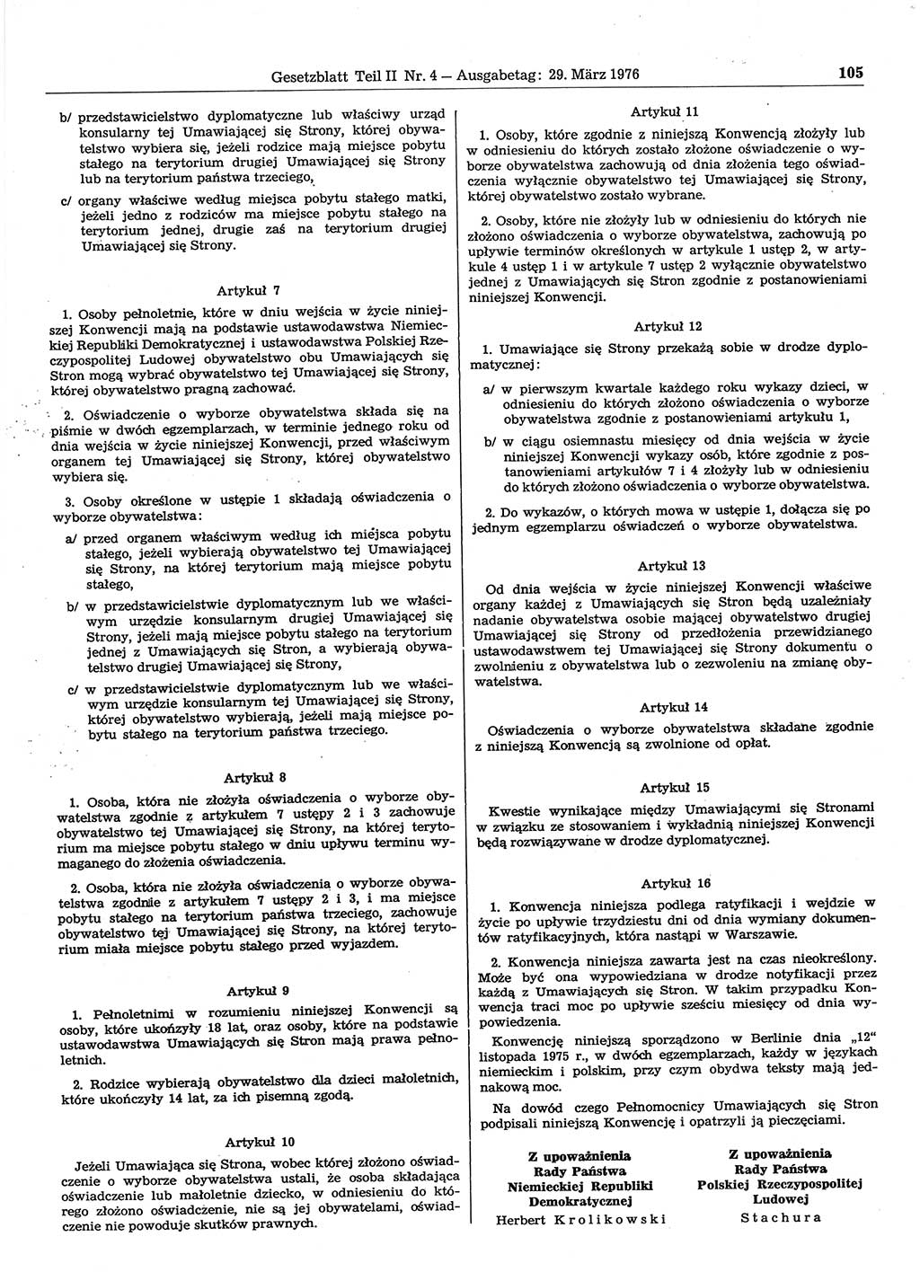 Gesetzblatt (GBl.) der Deutschen Demokratischen Republik (DDR) Teil ⅠⅠ 1976, Seite 105 (GBl. DDR ⅠⅠ 1976, S. 105)